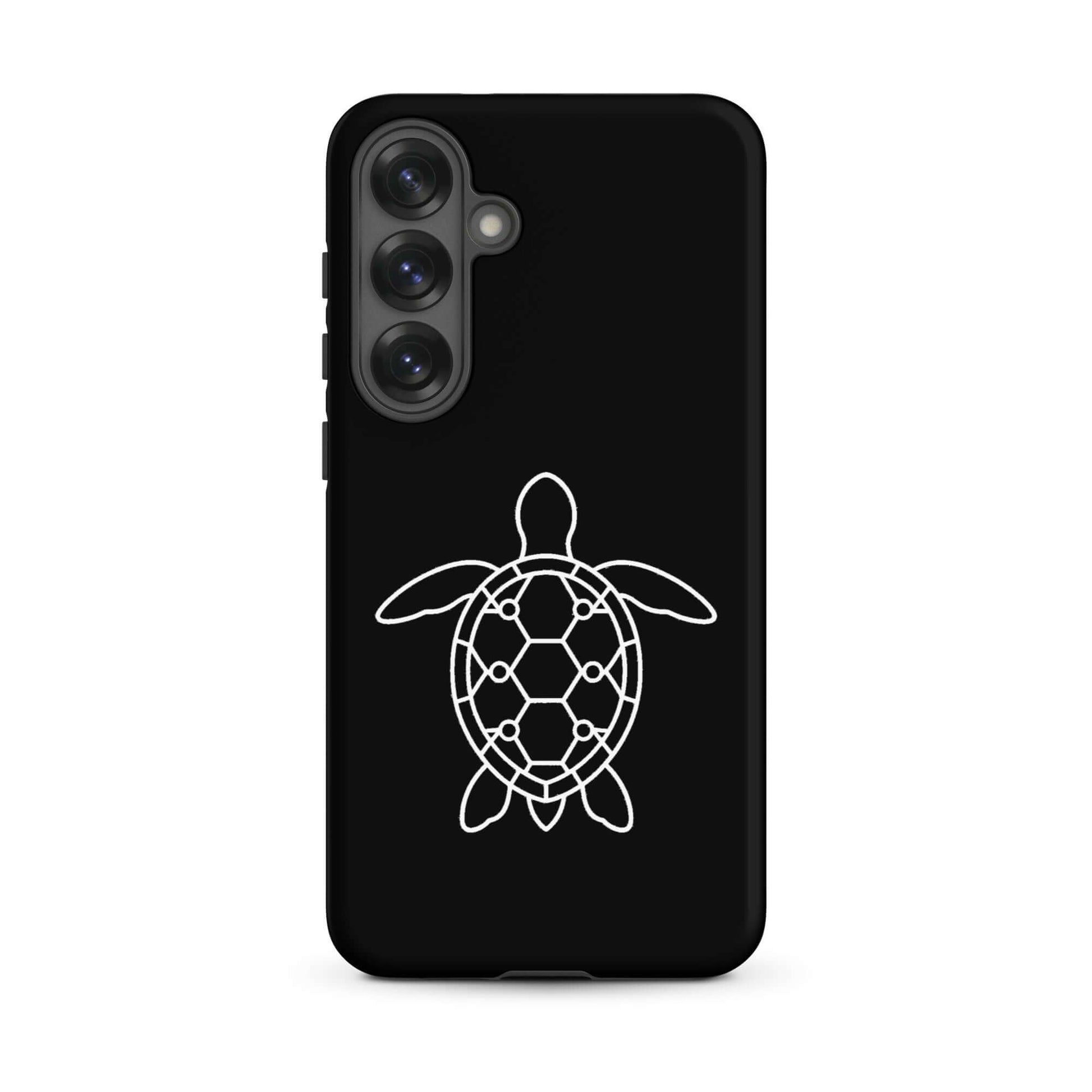 Phone case for Samsung Galaxy featuring a minimalist sea turtle silhouette design on a black background.