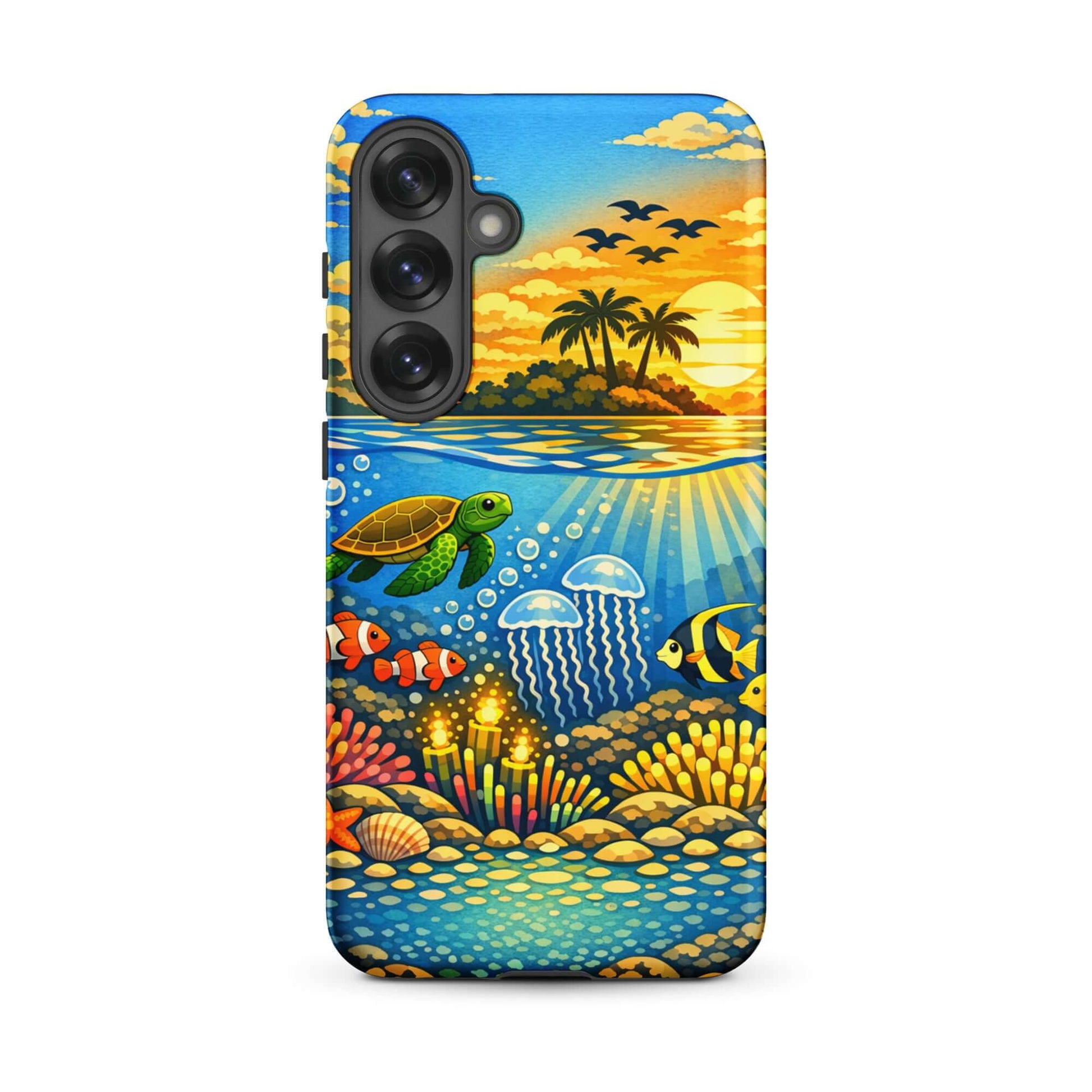 Phone Case for Samsung Galaxy featuring tropical sunset and underwater reef with turtles and coral.
