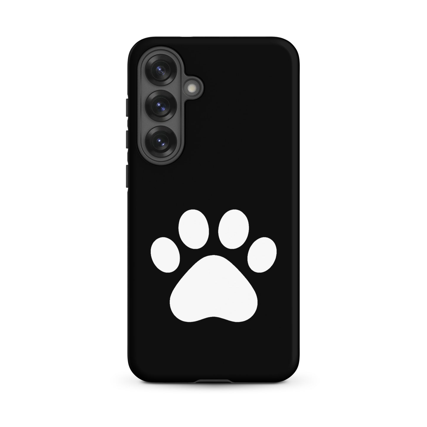Phone Case for Samsung Galaxy featuring a minimalist black design with a white paw print, perfect for pet lovers.