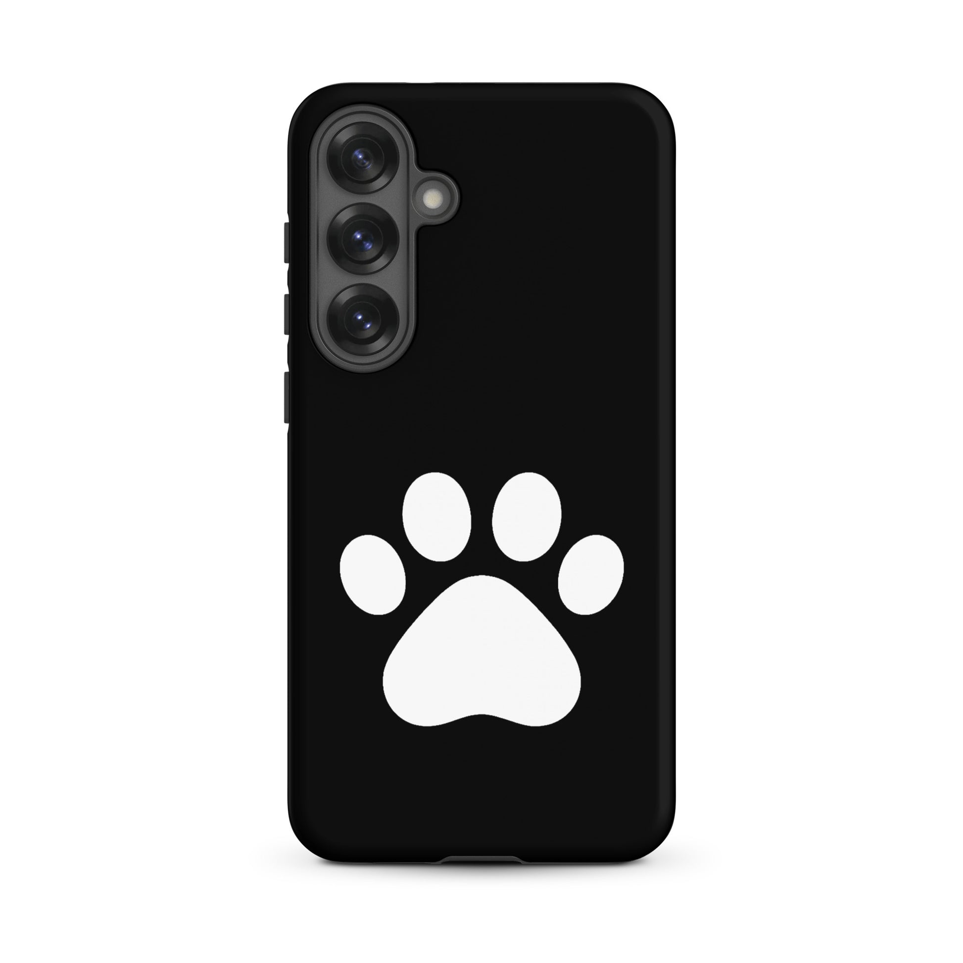 Phone Case for Samsung Galaxy featuring a minimalist black design with a white paw print, perfect for pet lovers.