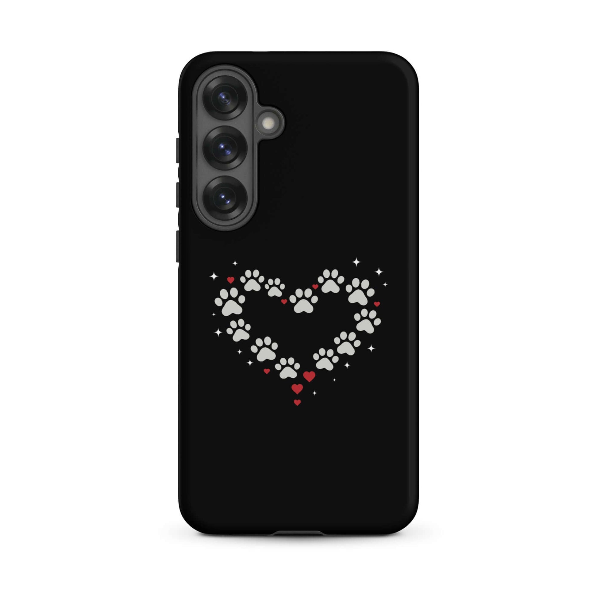 Phone Case for Samsung Galaxy with paw-print heart design on a black background.