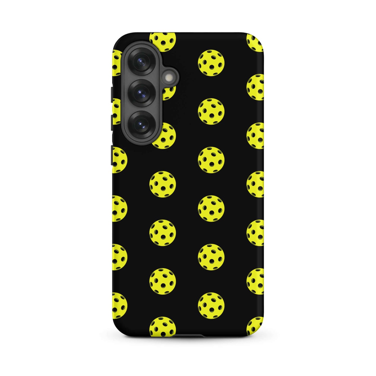 Phone Case for Samsung Galaxy featuring a bold pickleball pattern on a black background.