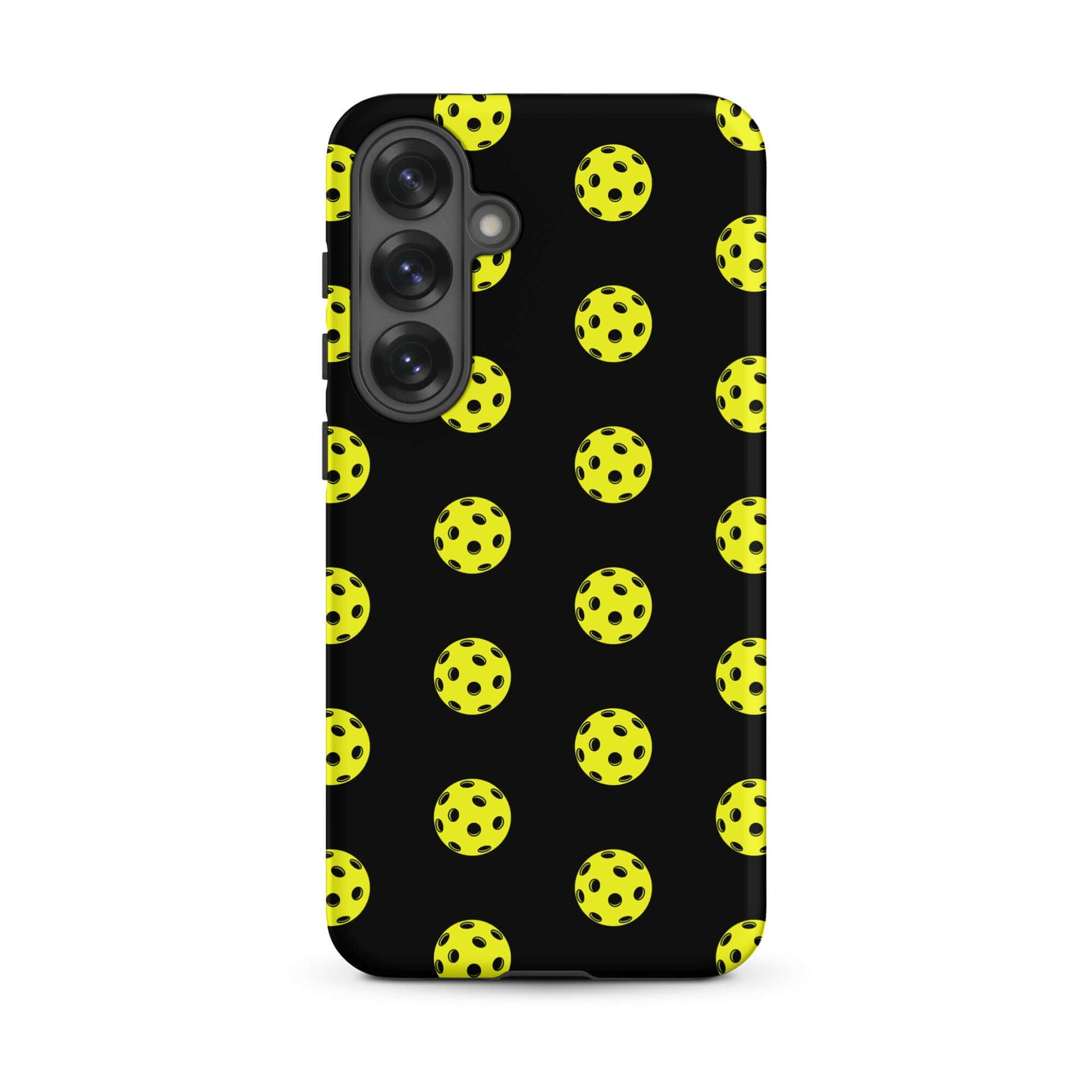 Phone Case for Samsung Galaxy featuring a bold pickleball pattern on a black background.