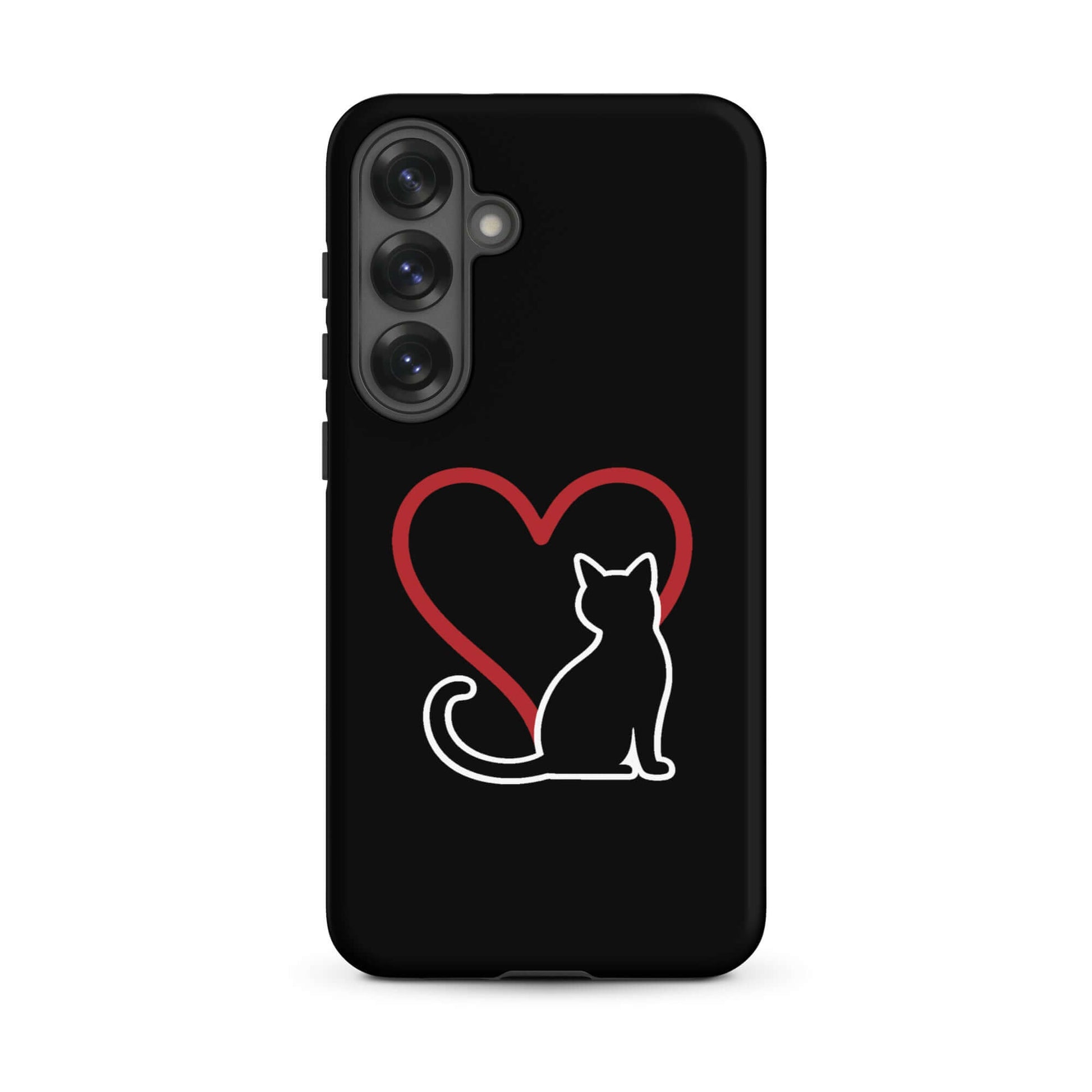Phone Case for Samsung Galaxy featuring a minimalist black cat and a red heart design, perfect for cat lovers.