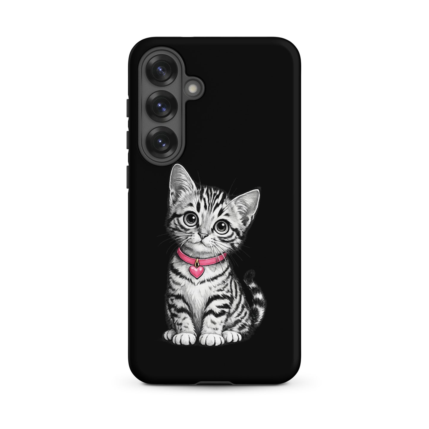 Phone Case for Samsung Galaxy featuring a kitten with a pink collar and heart charm on black background, pencil sketch design