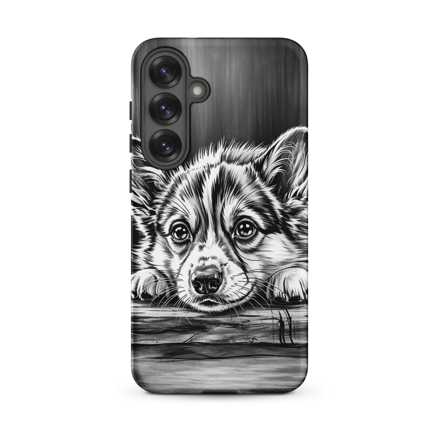 Phone Case featuring elegant black-and-white puppy art for Samsung Galaxy, offering premium protection and artistic charm.