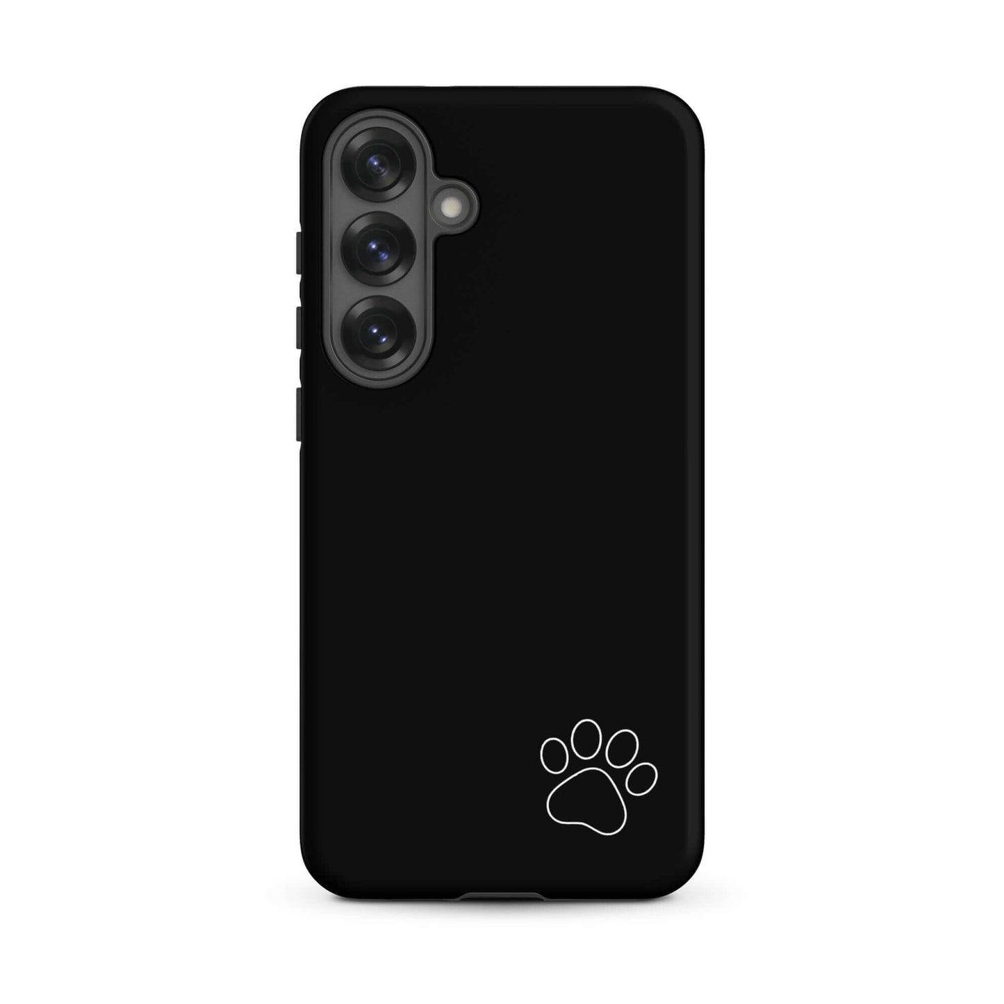 Phone Case for Samsung Galaxy with black design featuring a minimalist white paw print in the lower corner, blending style and charm.