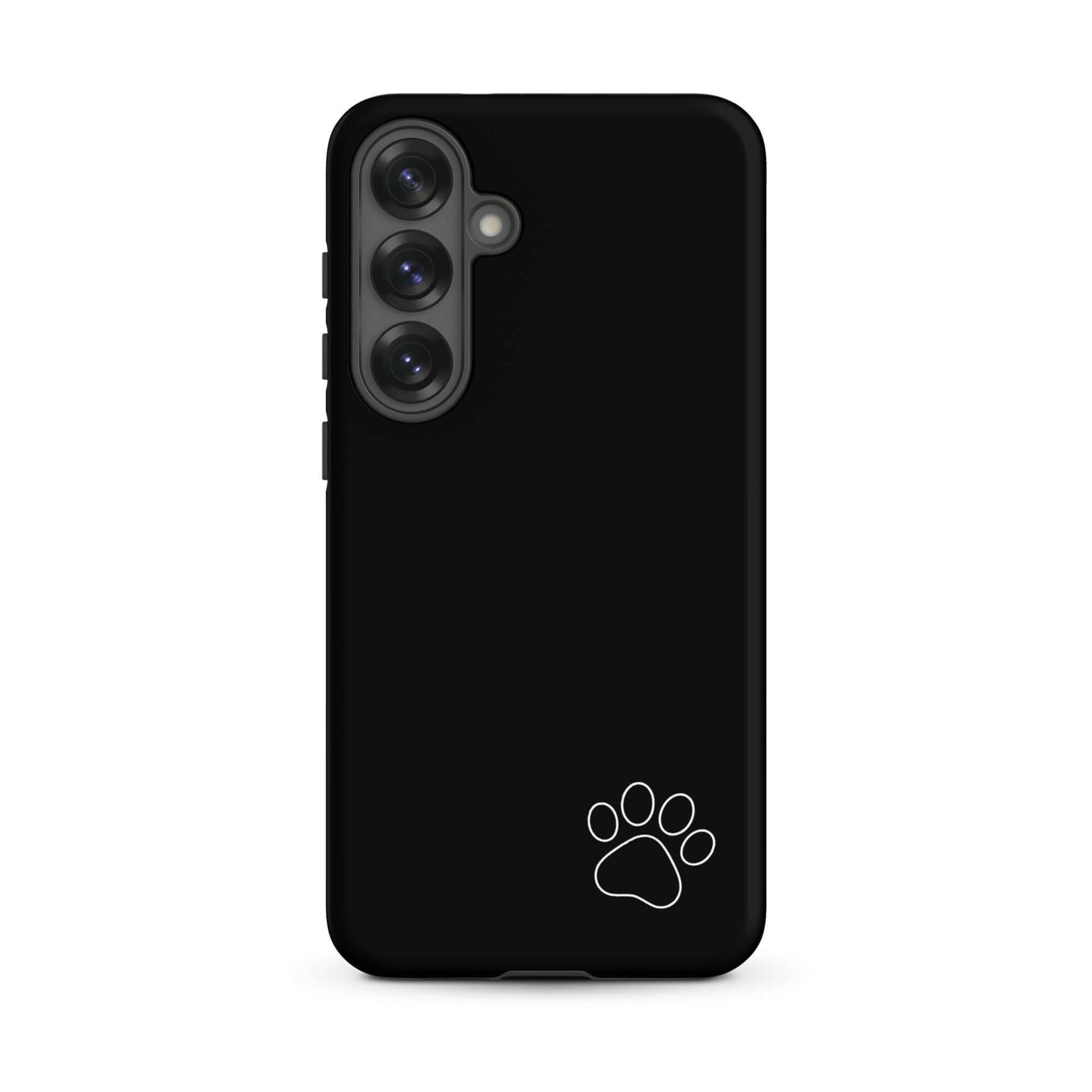 Phone Case for Samsung Galaxy with black design featuring a minimalist white paw print in the lower corner, blending style and charm.