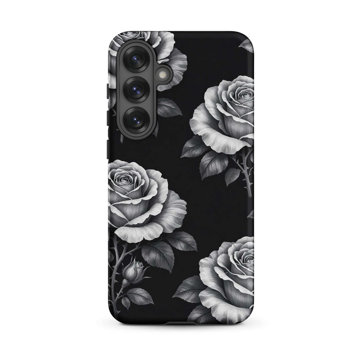 Phone Case for Samsung Galaxy with rose garden pattern on black background featuring hand-sketched roses and leaves design