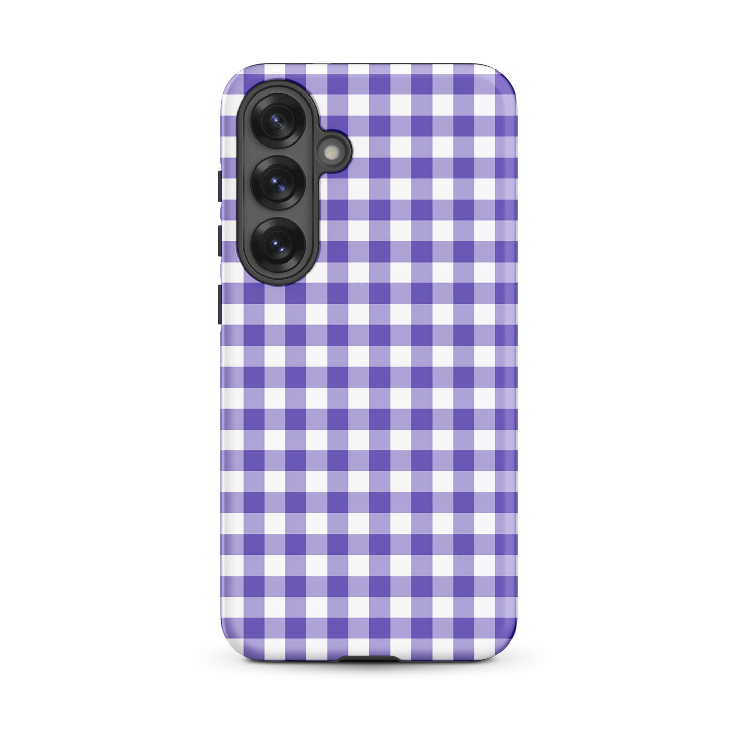 Phone case with purple and white gingham pattern for Samsung Galaxy, offering style and protection.
