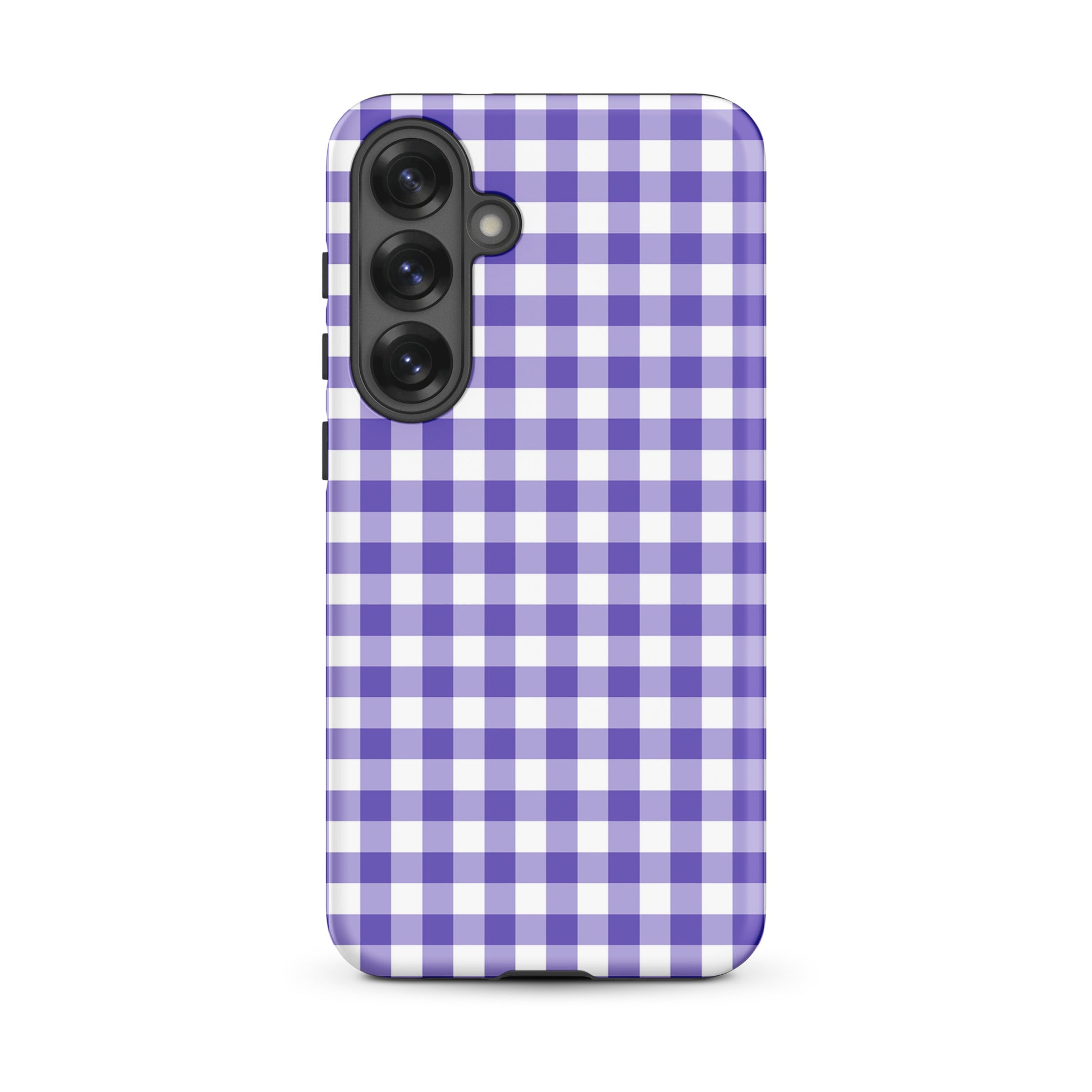 Phone case with purple and white gingham pattern for Samsung Galaxy, offering style and protection.