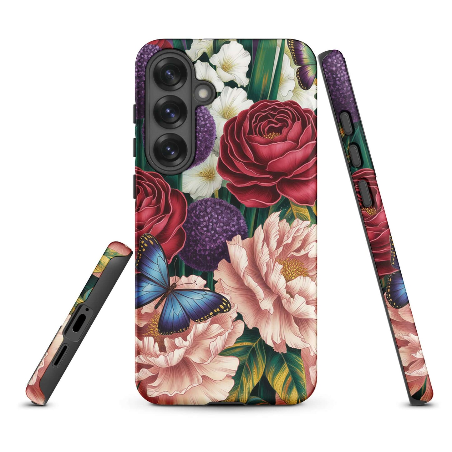 Phone Case for Samsung Galaxy with botanical garden bloom design, featuring roses, peonies, alliums, and butterflies on emerald foliage.