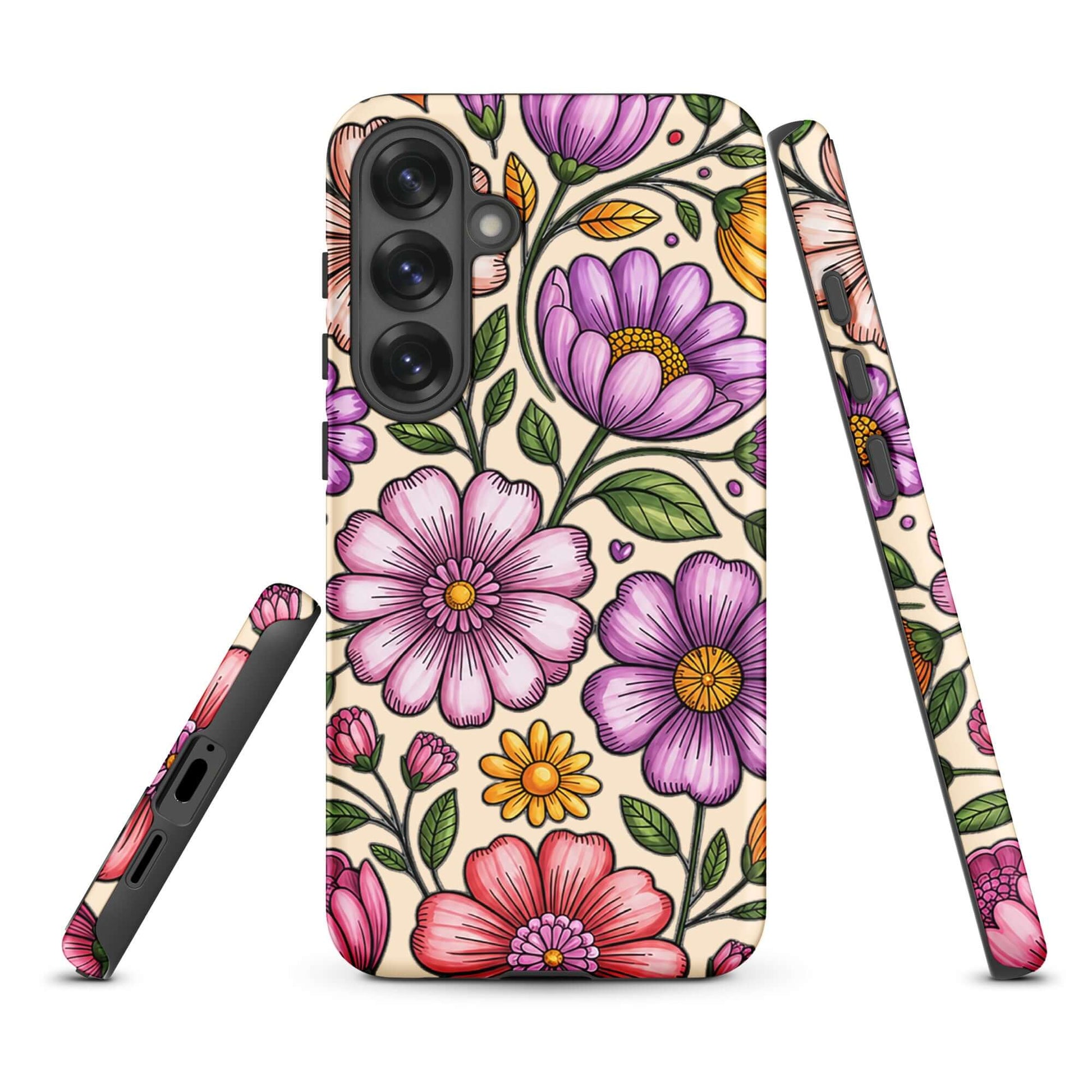 Phone Case for Samsung Galaxy with pastel floral design in soft pinks, peaches, and lavenders, featuring durable dual-layer construction.