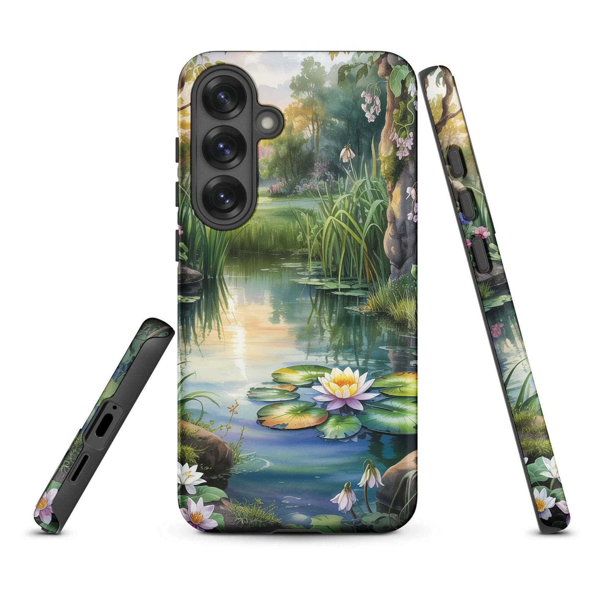 Phone Case for Samsung Galaxy with enchanted pond design, lily-dotted pond, lush greenery, and serene wildflowers, pocket-sized escape.