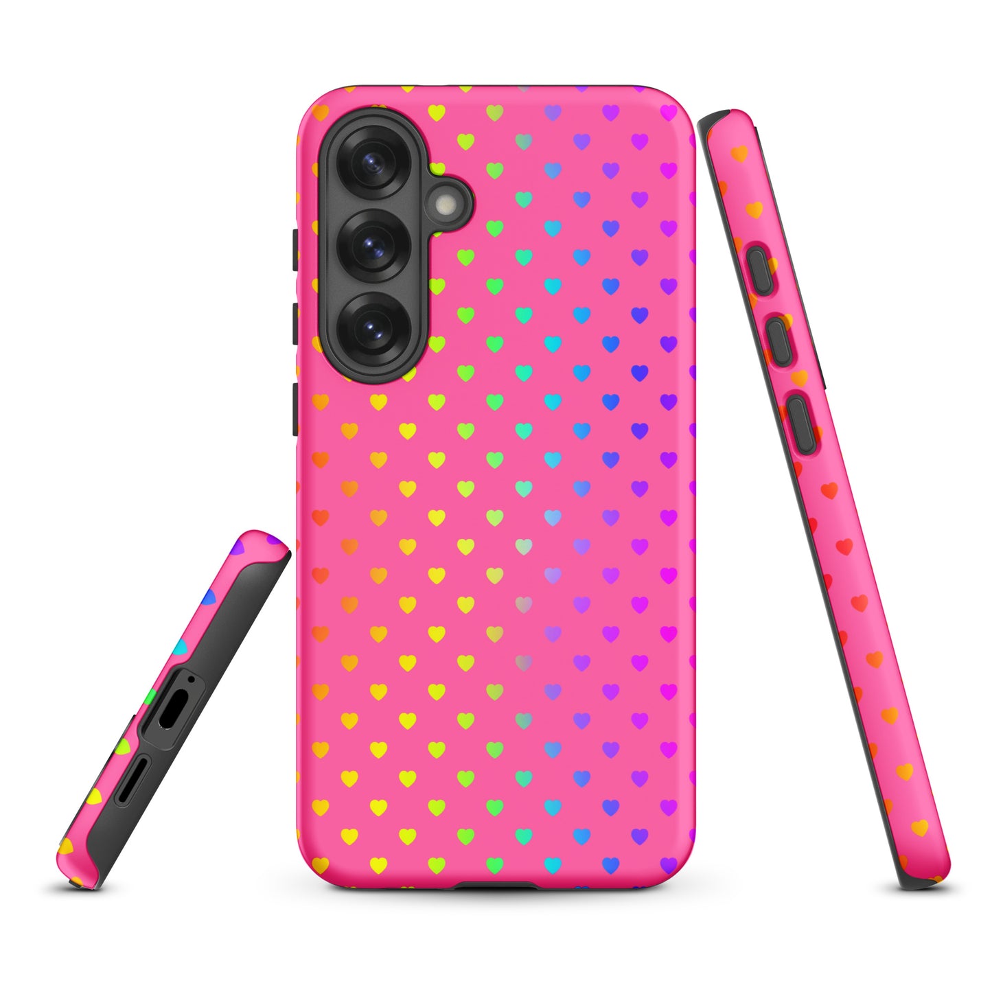 phone case for Samsung Galaxy featuring a cute rainbow hearts design on a bright pink backdrop, showcasing vibrant colors and dual-layer protection