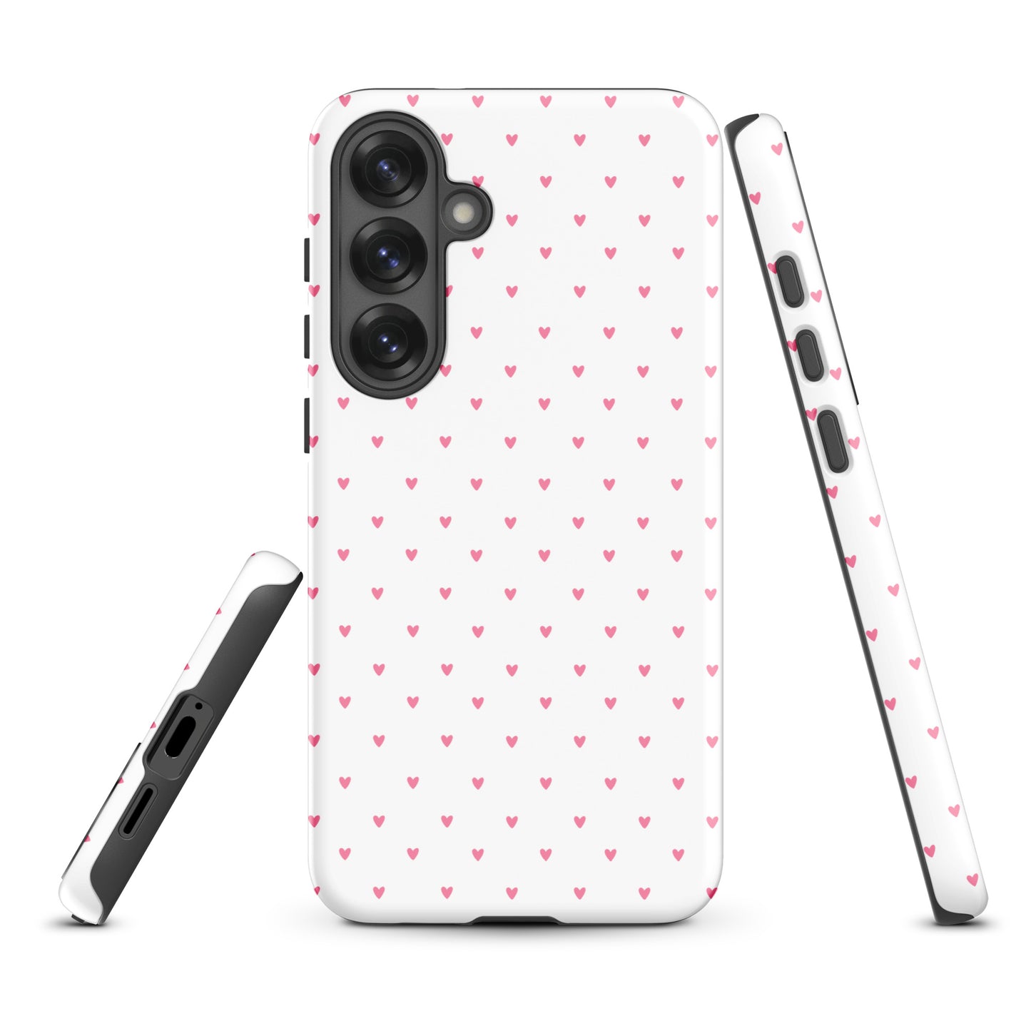 Phone Case for Samsung Galaxy with heart-dot pattern, featuring playful pink hearts on a white background, minimalist and stylish design.