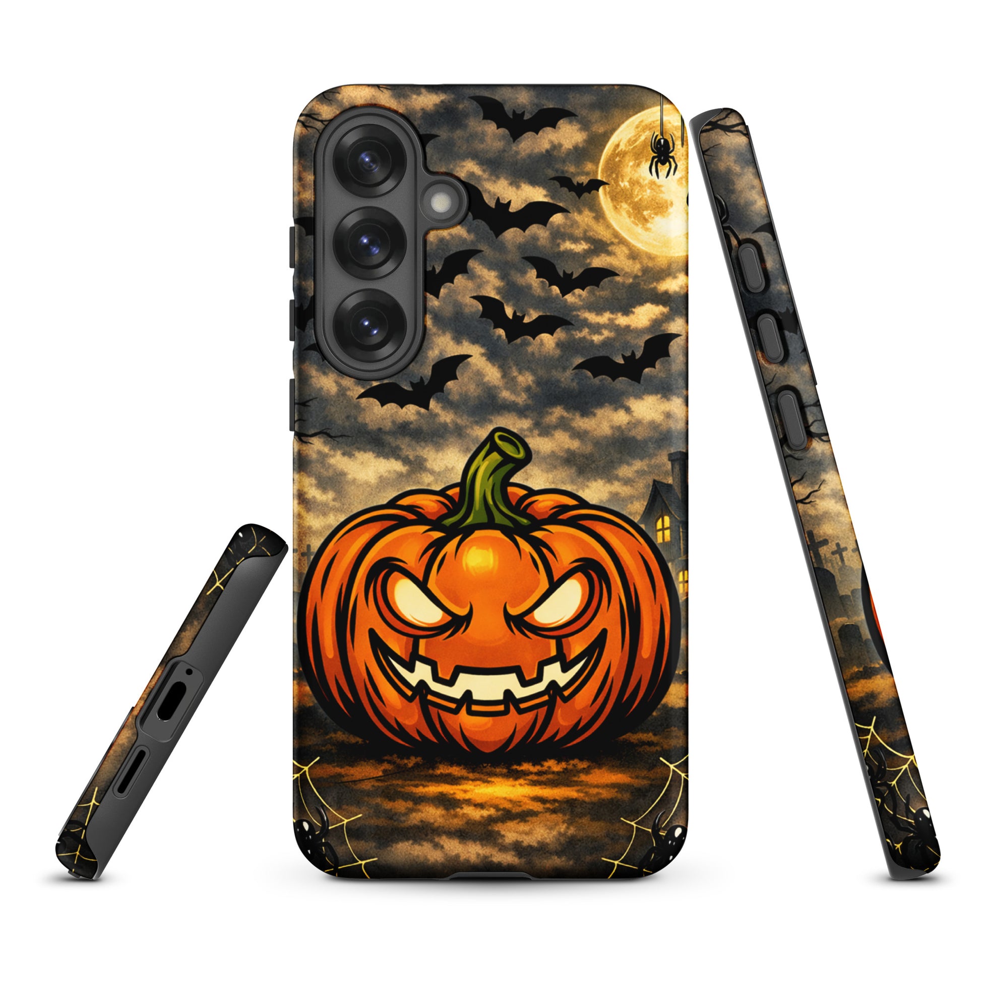 Phone Case for Samsung Galaxy with haunted pumpkin, bats, moonlit clouds, and spooky Halloween scene.