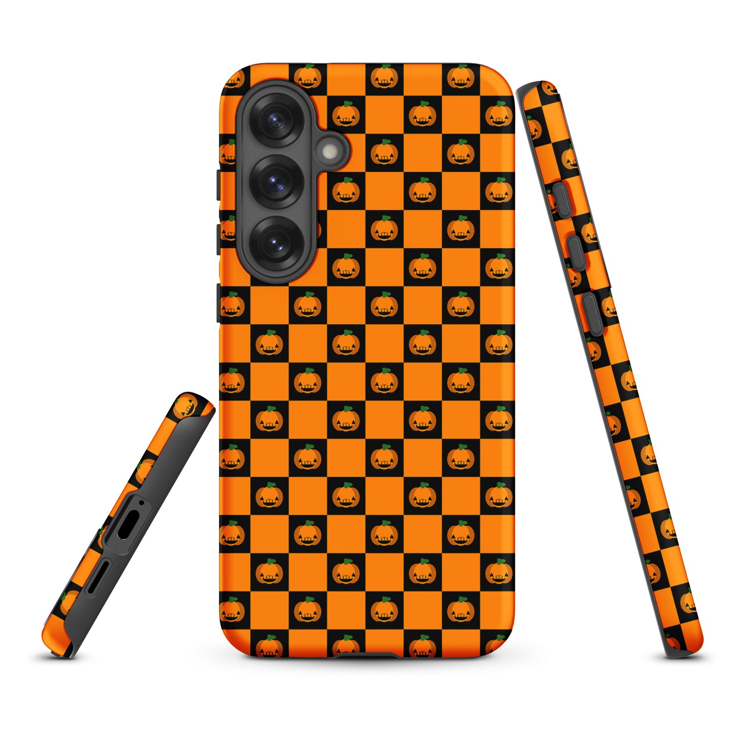 Phone Case for Samsung Galaxy with Pumpkin Checkered Halloween Design featuring jack-o'-lanterns on orange and black squares.