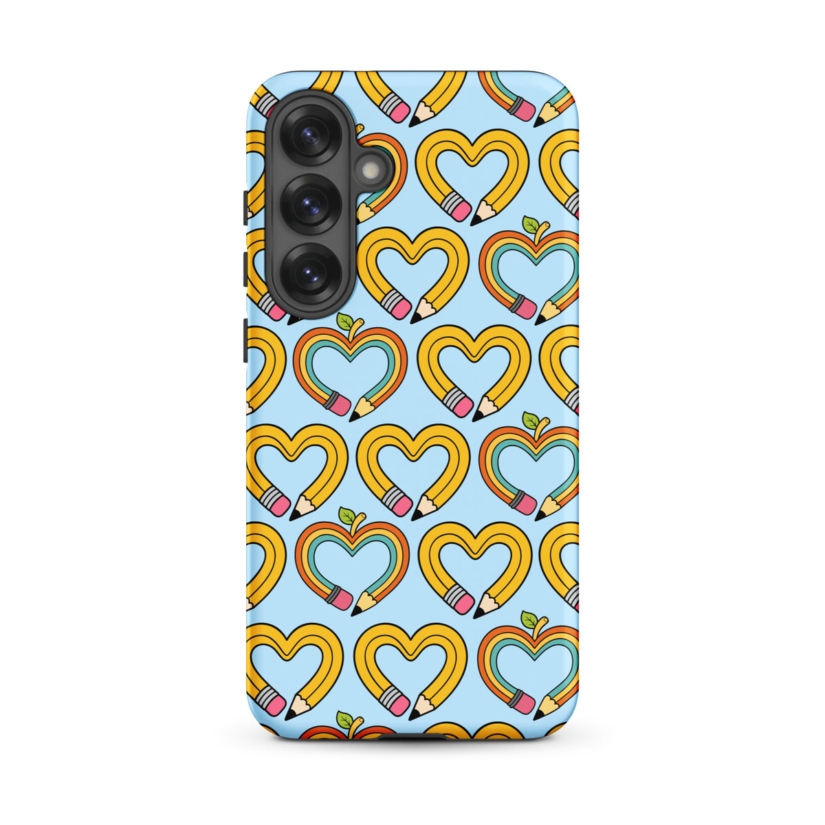Phone Case for Samsung Galaxy with playful pencil-heart pattern and green leaf accents on a blue background, perfect for back-to-school.