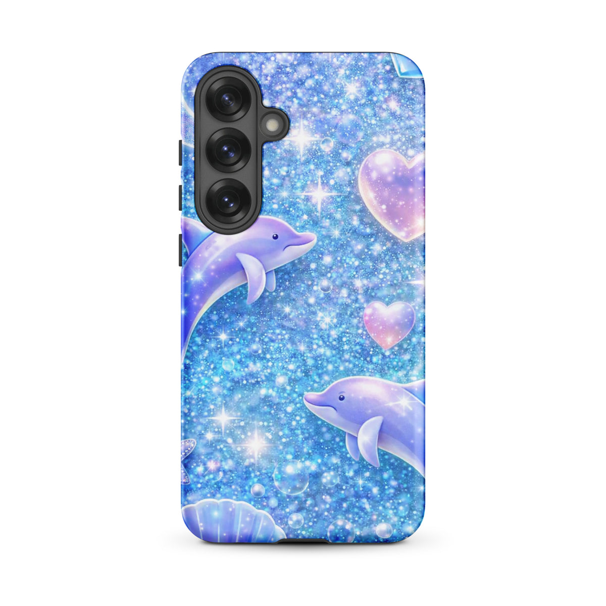 Phone Case for Samsung Galaxy with Ocean Glitter Dolphins design featuring sparkling dolphins and celestial accents.
