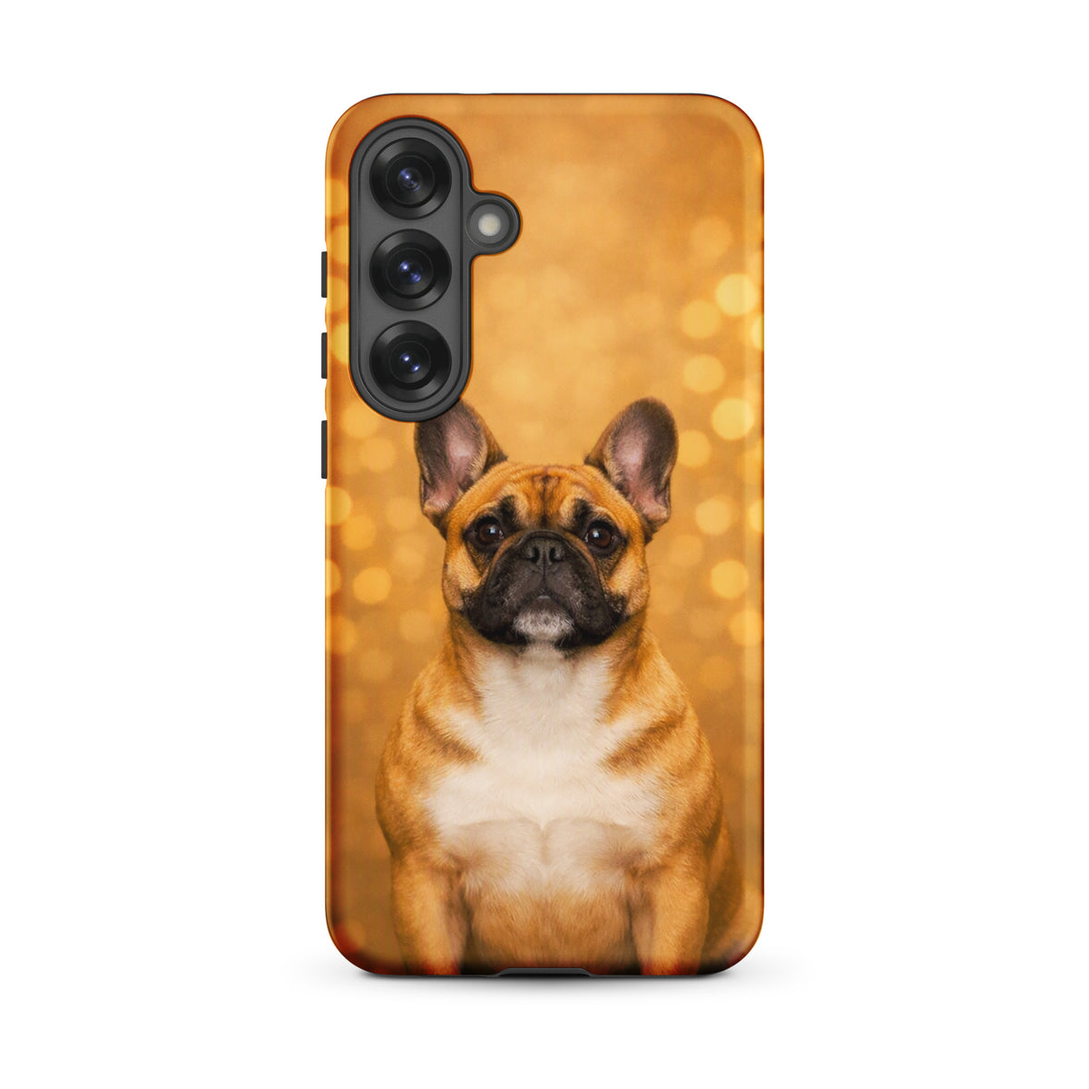 Phone Case for Samsung Galaxy featuring French Bulldog portrait on a golden bokeh background, adds charm and sophistication.