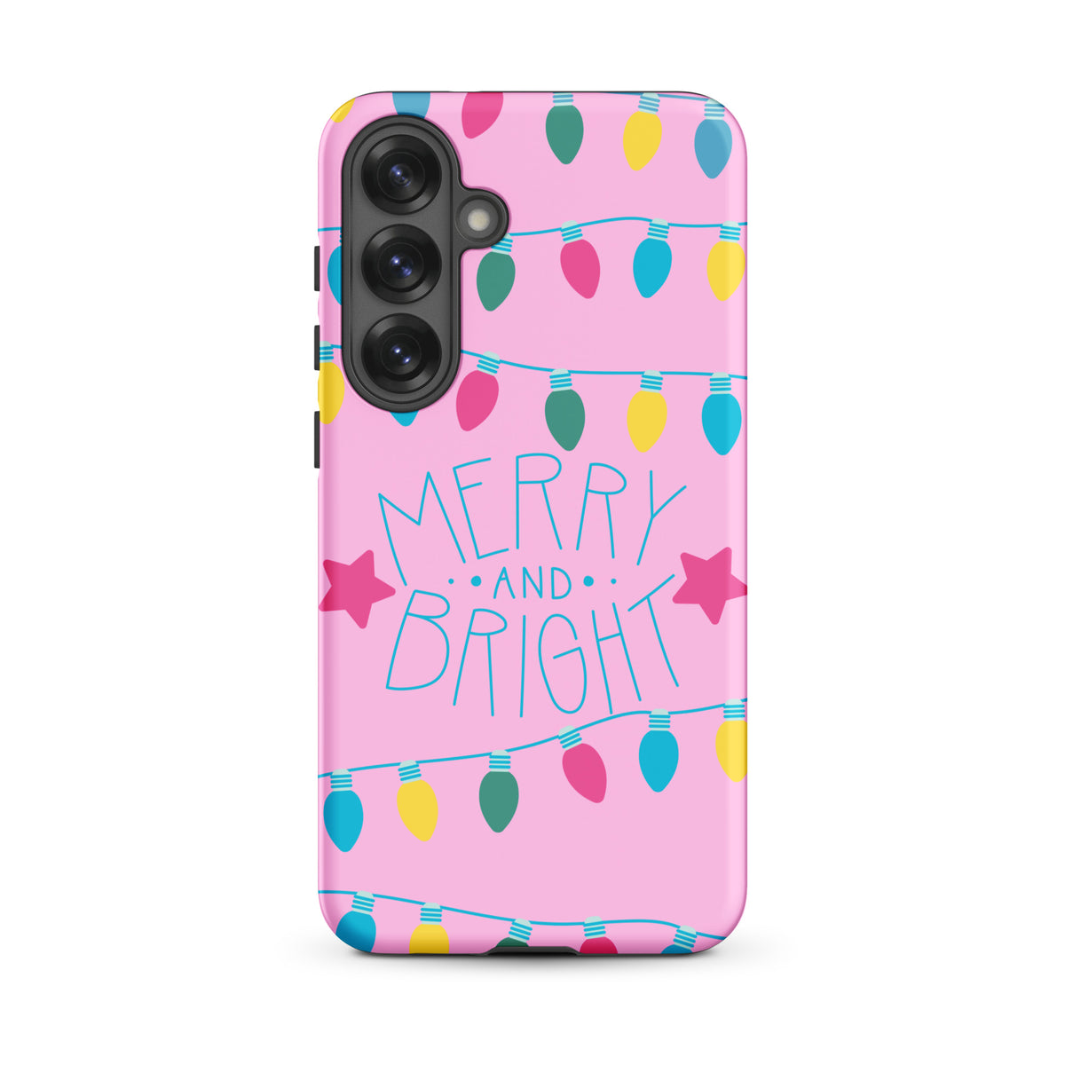 Phone Case for Samsung Galaxy with holiday lights, pink "Merry and Bright" design, featuring colorful bulbs and stars.