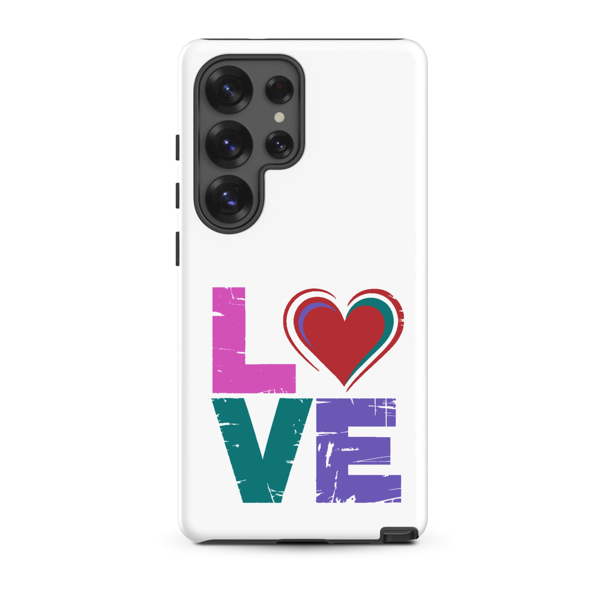 Tough case for Samsung Galaxy Phones featuring colorful 'LOVE' design with heart, perfect for expressing personality.