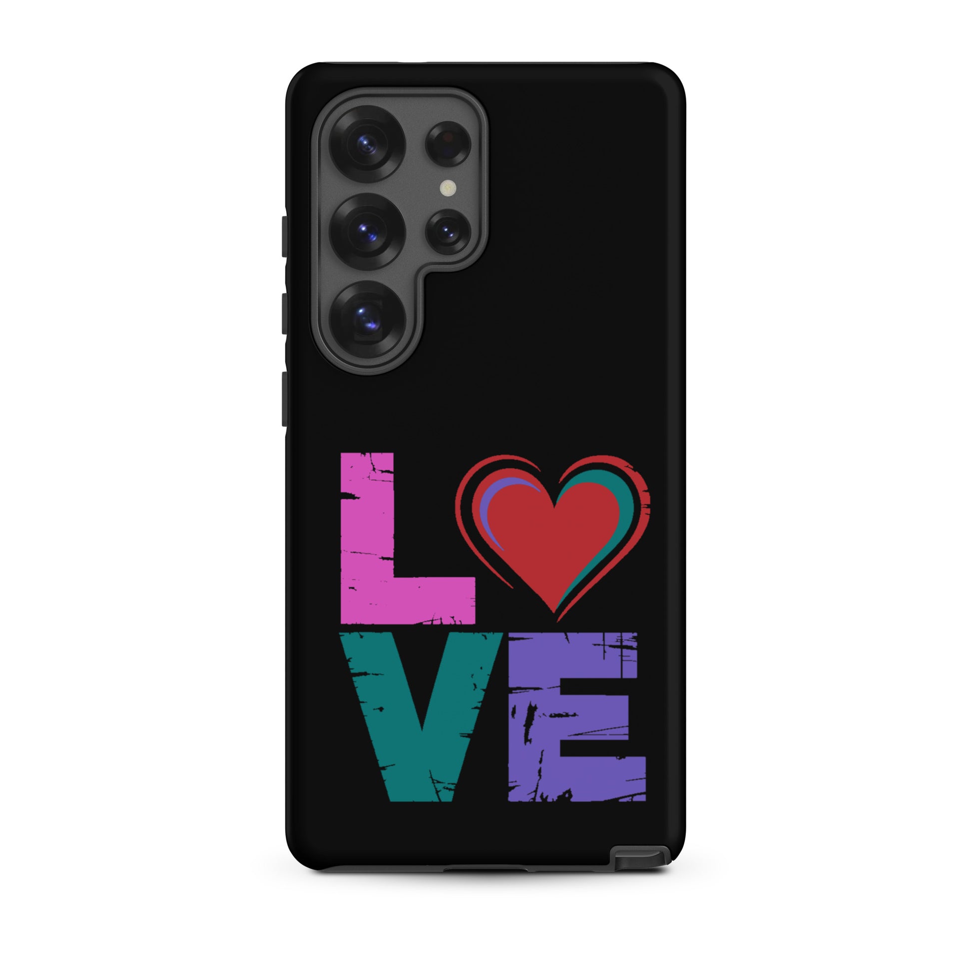 Tough case for Samsung Galaxy Phones featuring a colorful 'love' design with a heart.