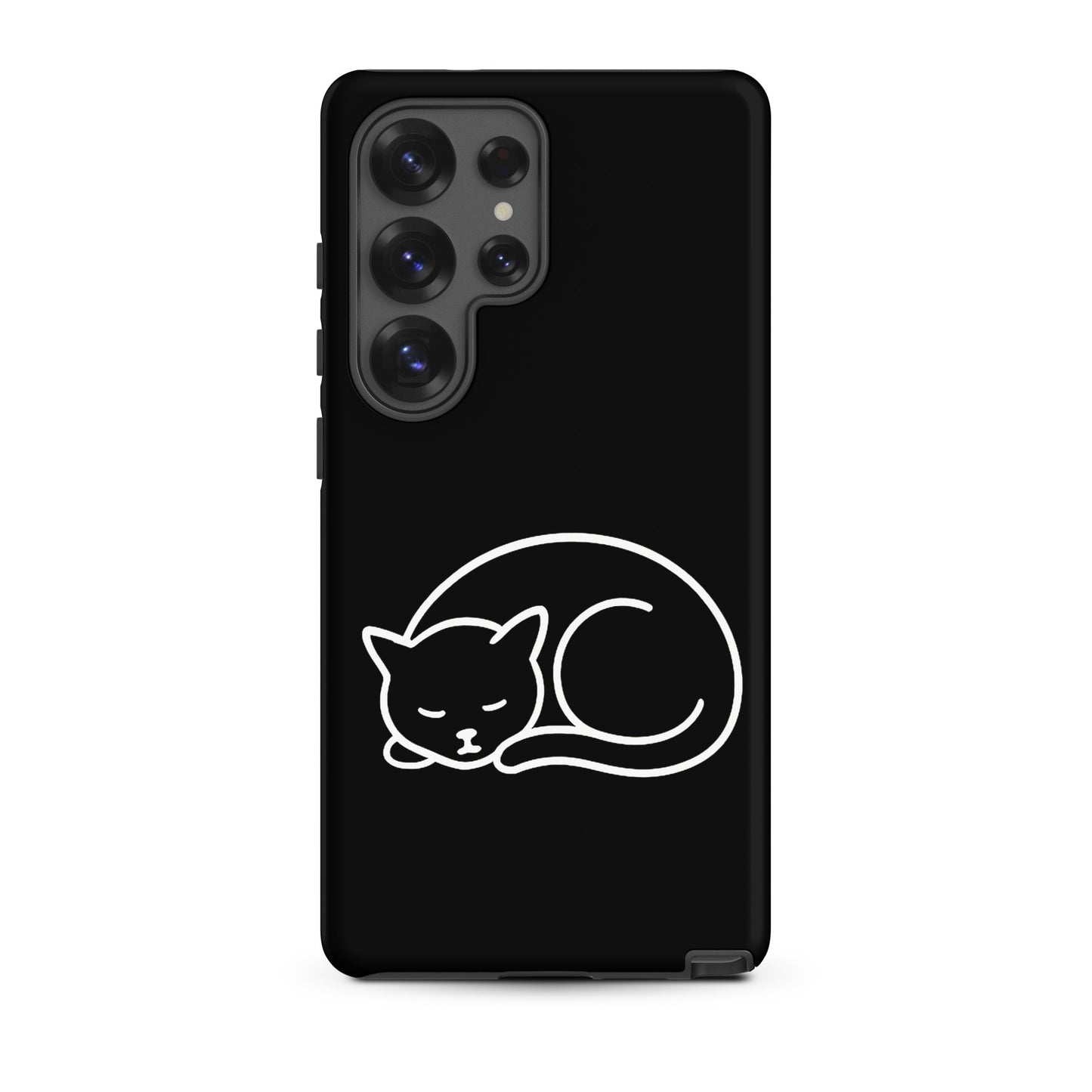 Phone Case for Samsung Galaxy Phones featuring a minimalist curled-up cat design on a black background.
