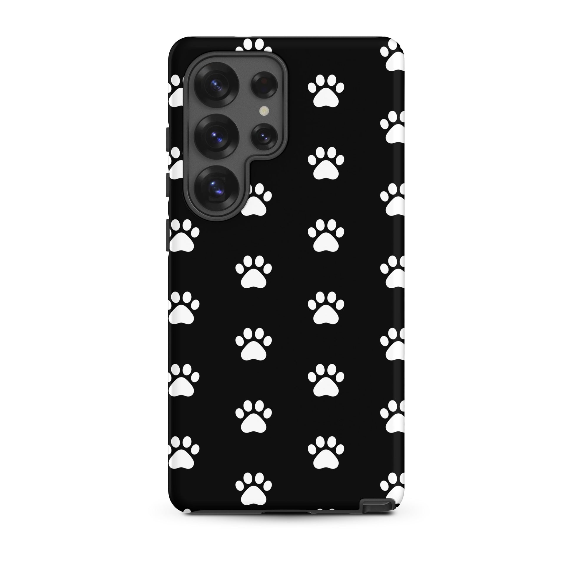 Phone Case for Samsung Galaxy featuring a stylish paw print design for pet lovers on a black background.