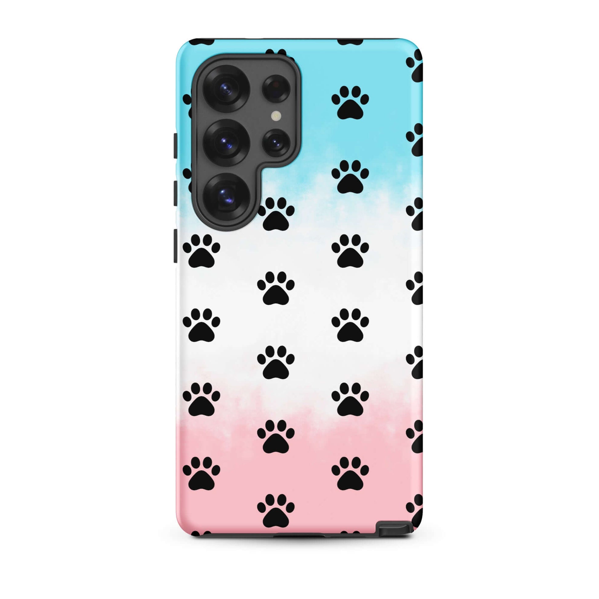 Phone Case for iPhone featuring a playful paw print pattern in blue and pink colors.