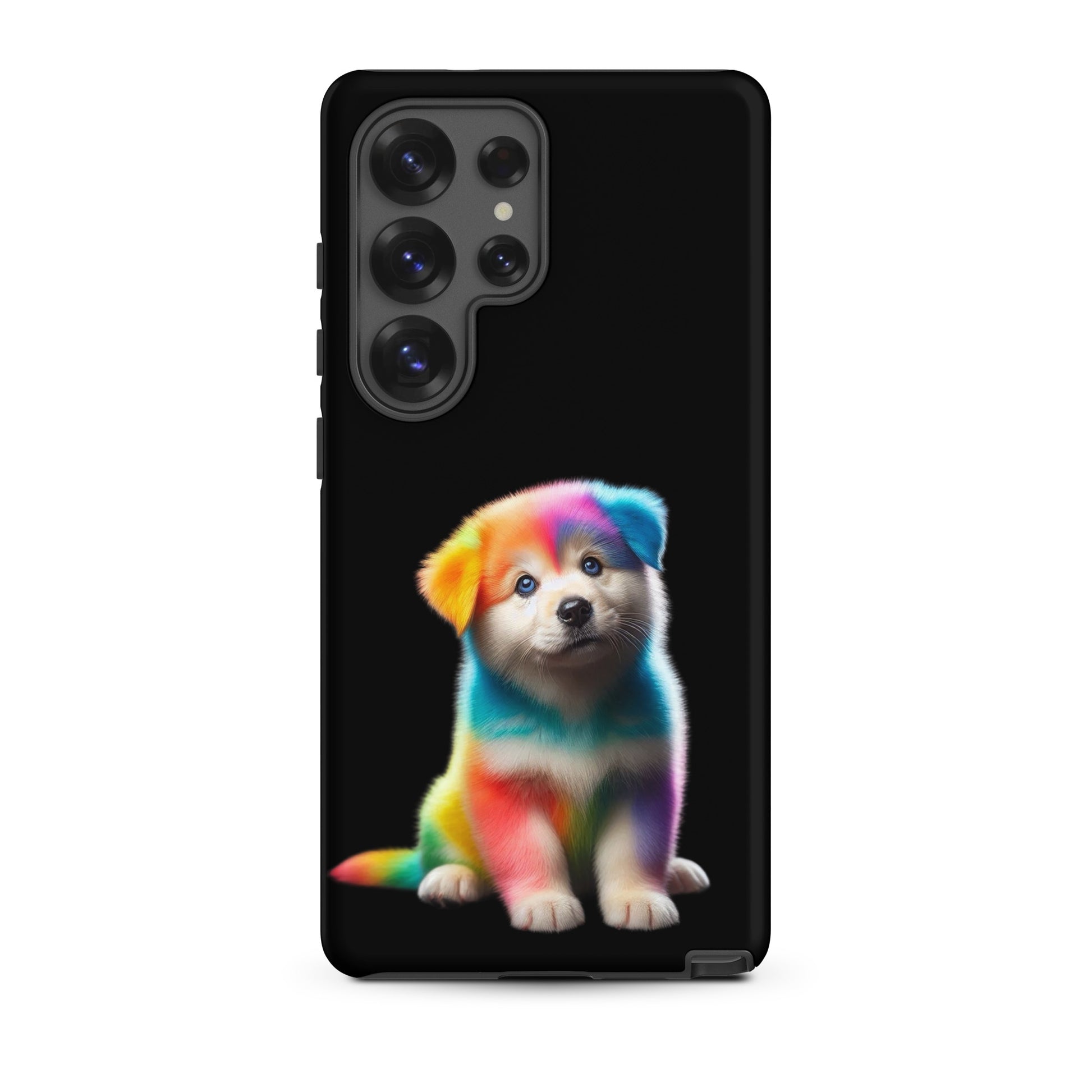 Phone Case for Samsung Galaxy featuring a colorful rainbow puppy design on a dark background.