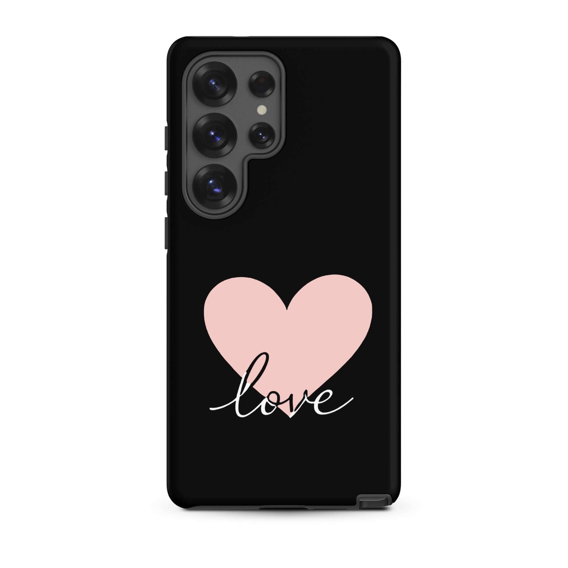 Phone Case Samsung Galaxy with heart and script love design on a sleek black background.