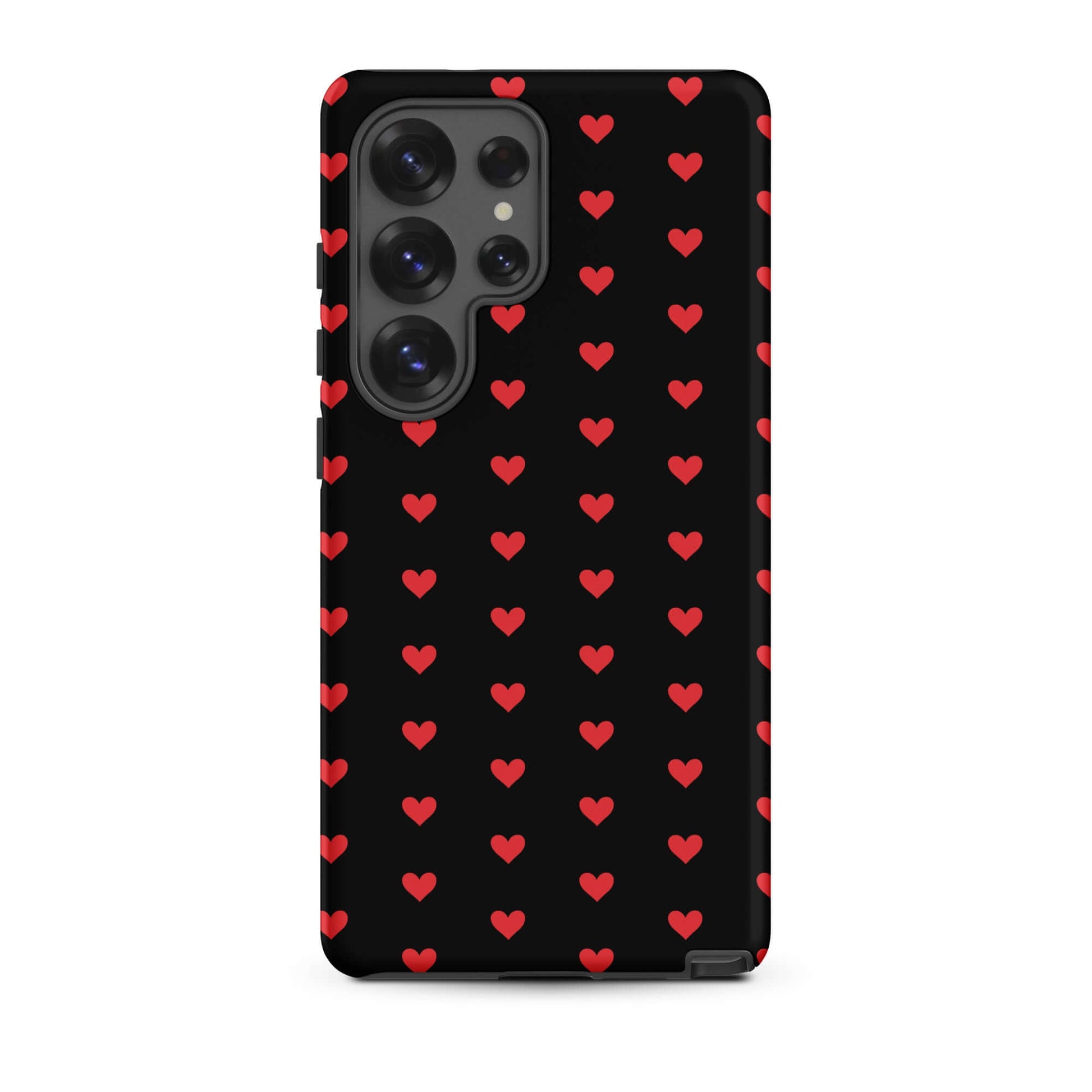 Phone Case for Samsung Galaxy featuring fiery red hearts on a black background, stylish and protective.