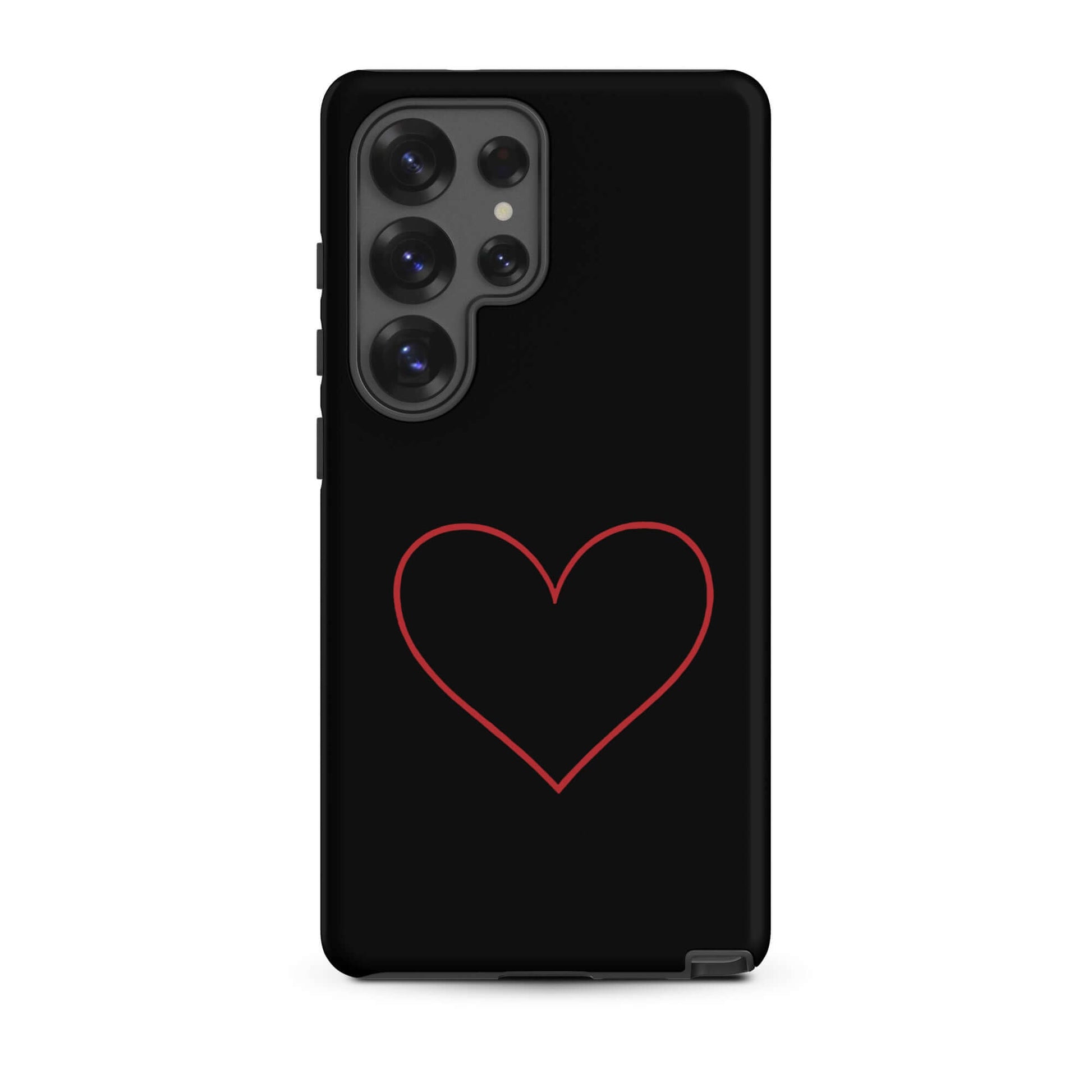Phone Case for Samsung Galaxy featuring a minimalist crimson heart design on a sleek black background.