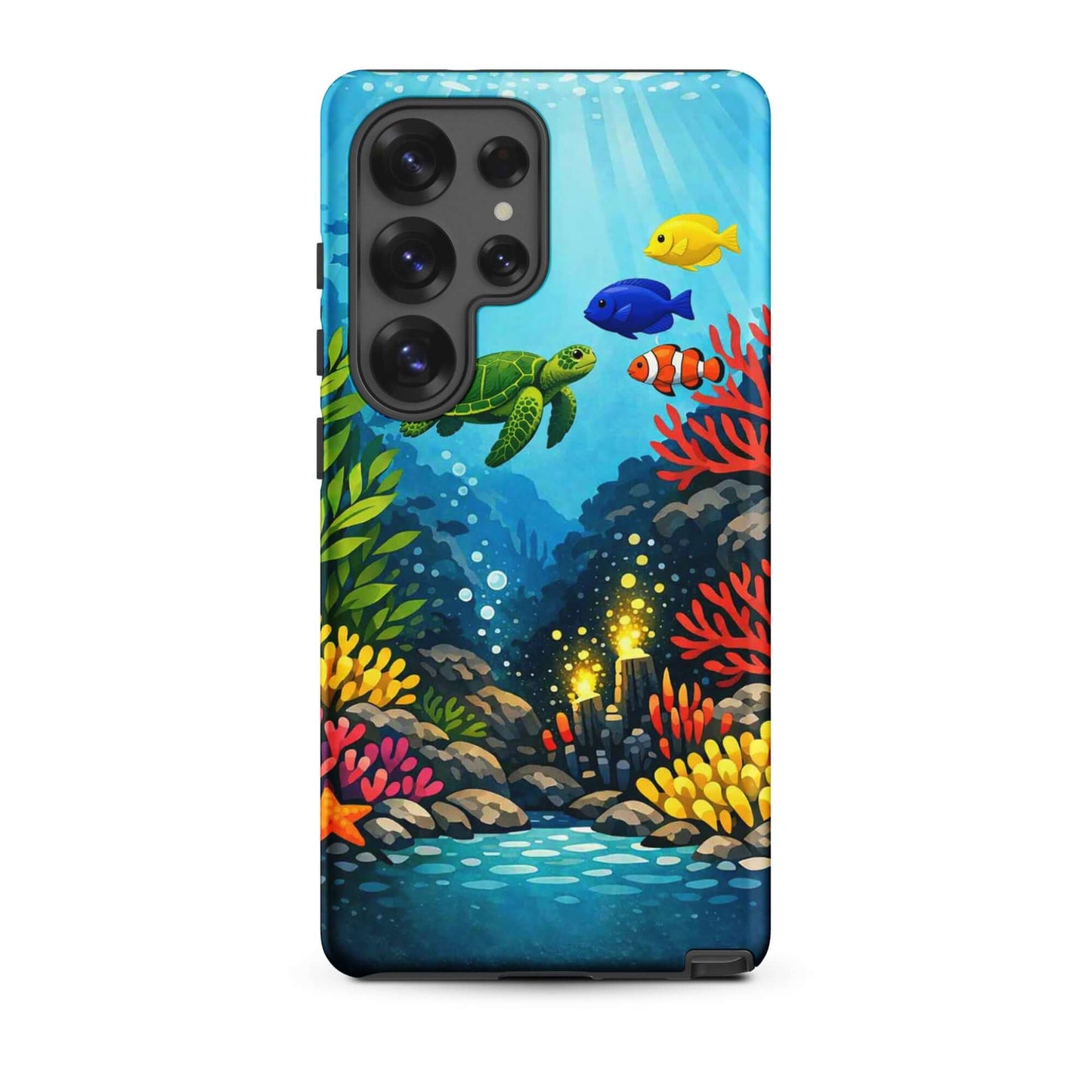 Phone case for Samsung Galaxy featuring vibrant sea turtle and coral reef design with tropical fish.