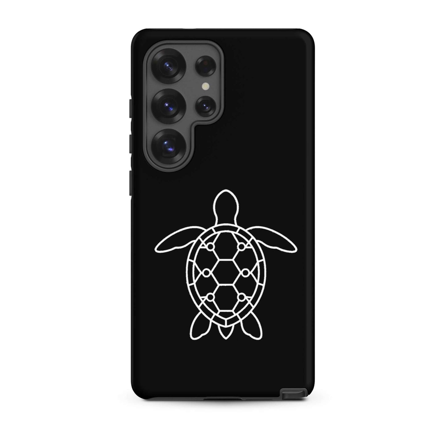 Phone case for Samsung Galaxy featuring a minimalist sea turtle silhouette in white on a black background.