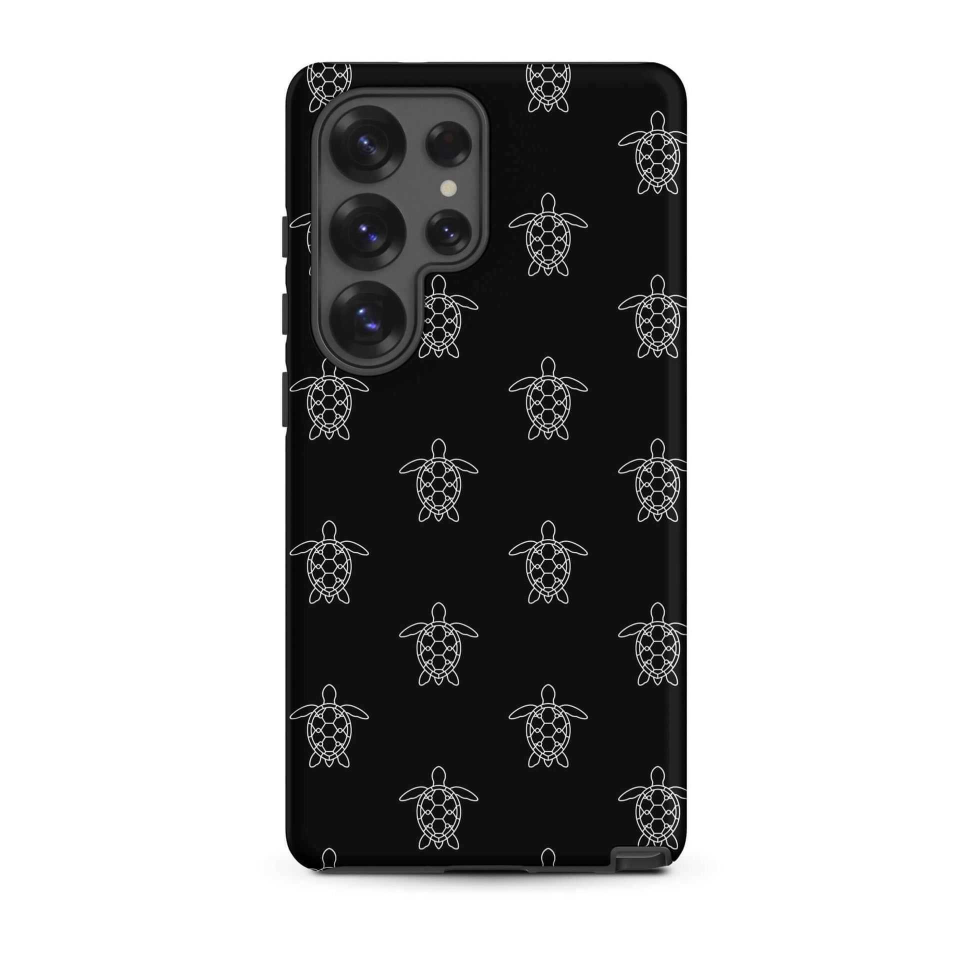 Phone Case for Samsung Galaxy featuring minimalist sea turtle pattern on a black background.