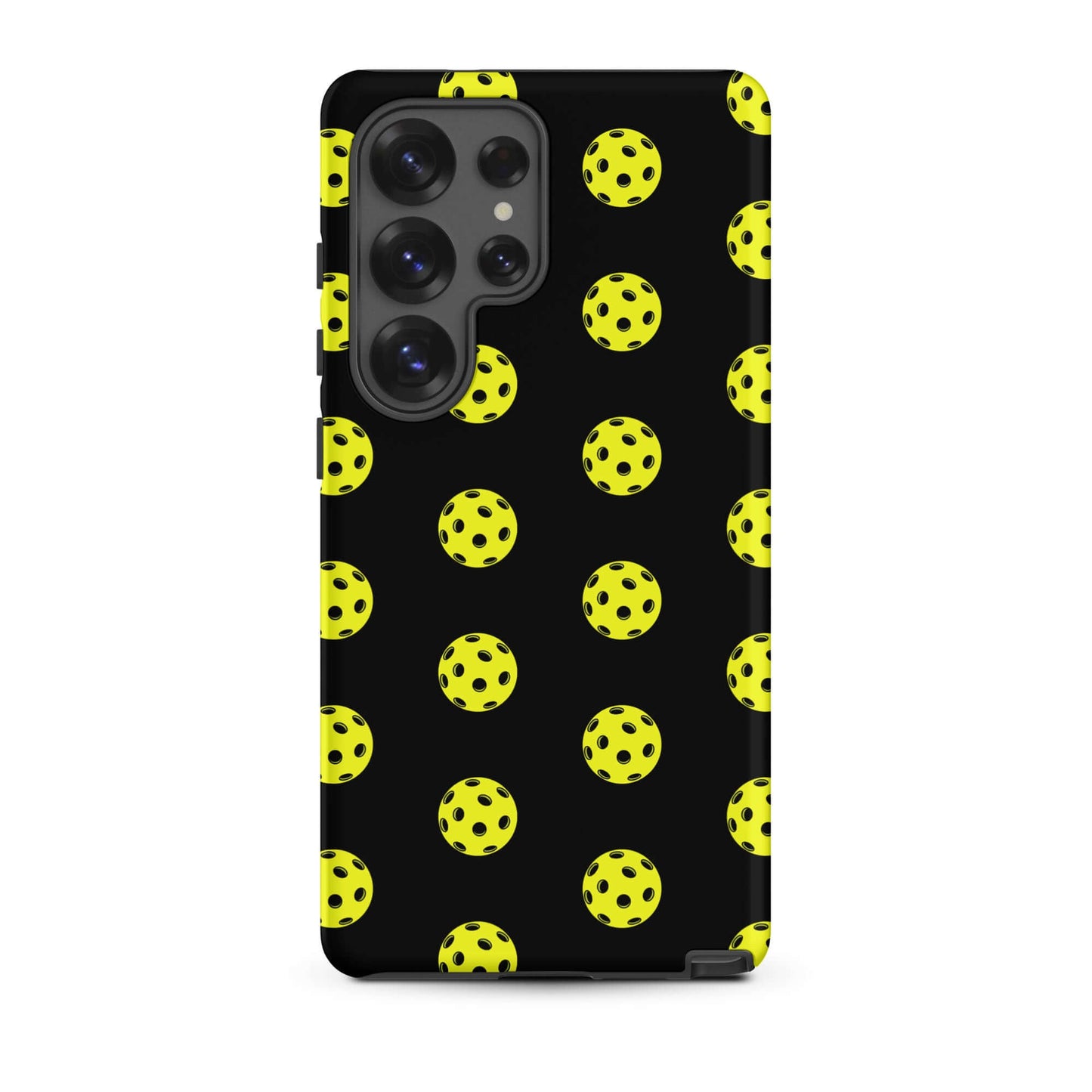 Phone Case for Samsung Galaxy featuring a playful pickleball pattern on a black background.