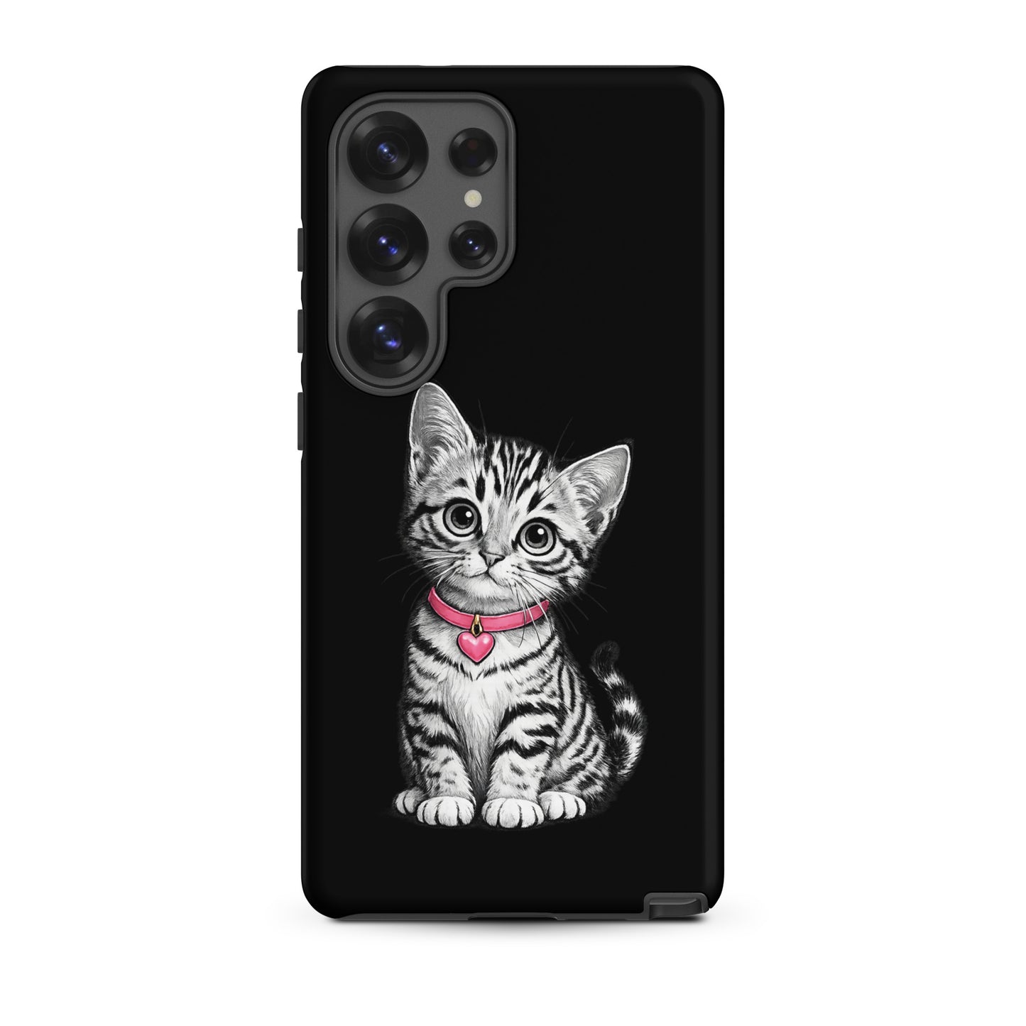 Phone Case for Samsung Galaxy featuring kitten with pink heart charm and pencil-sketch design.
