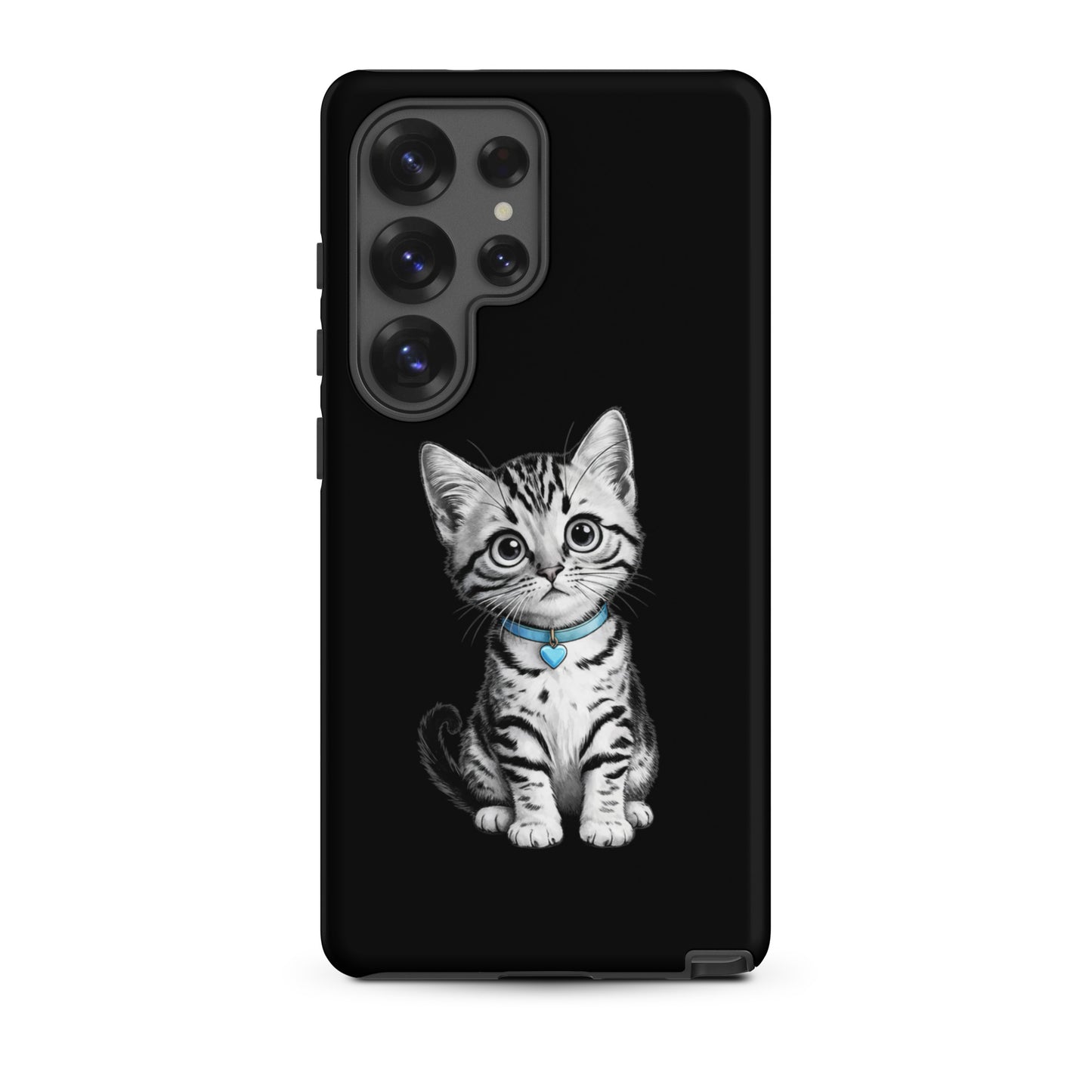 Phone Case for Samsung Galaxy with pencil-sketch kitten and blue heart charm illustration