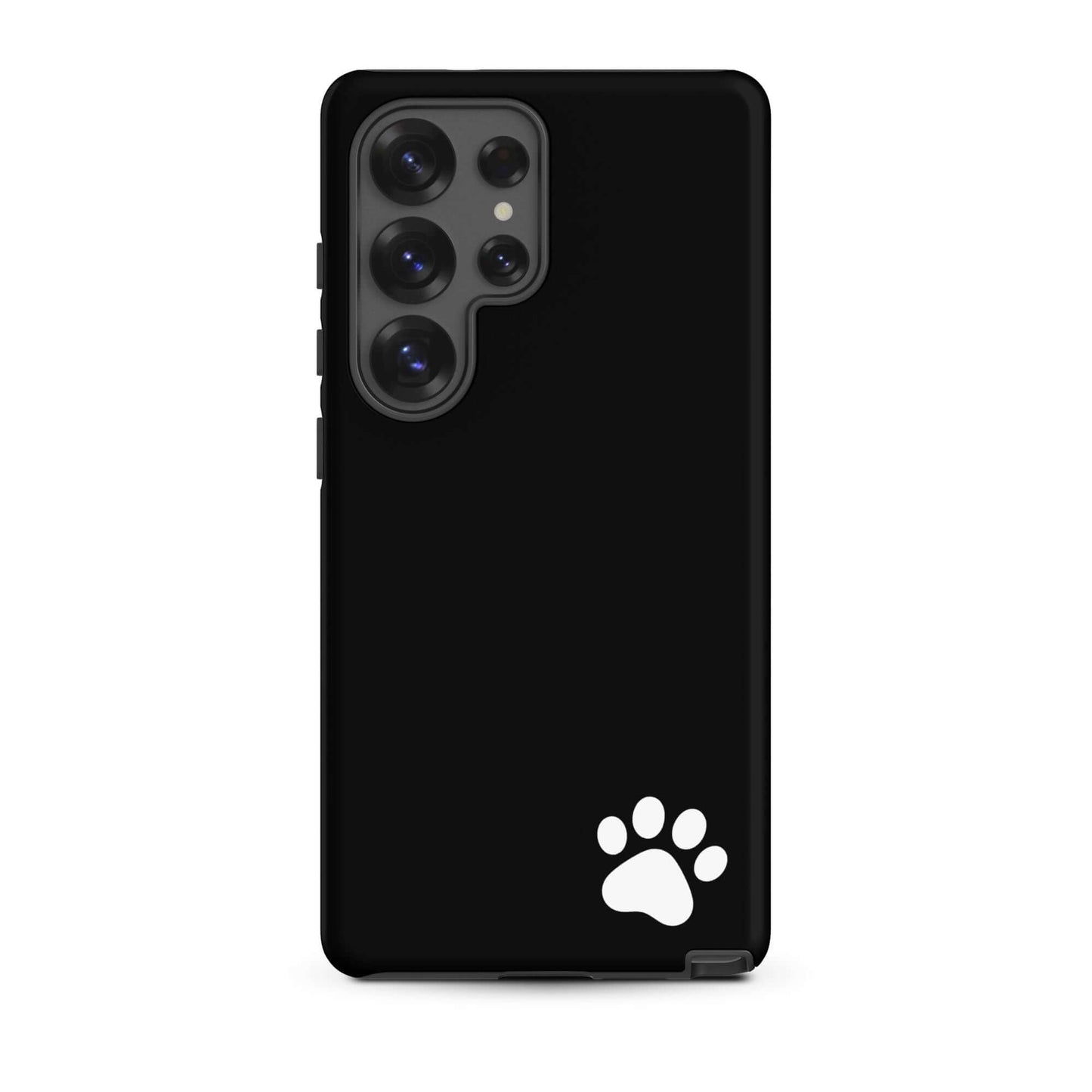 Phone Case for Samsung Galaxy with black design and white paw print in bottom corner, offering minimalist style and tough protection.