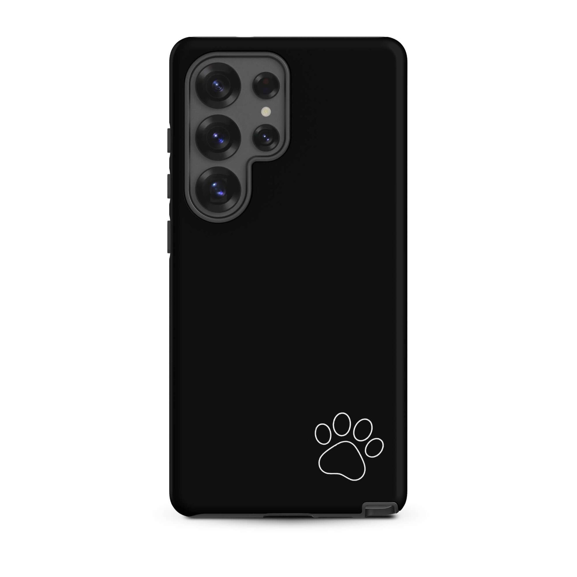 Phone Case for Samsung Galaxy in black with a white paw print design, minimalist and stylish for pet lovers.