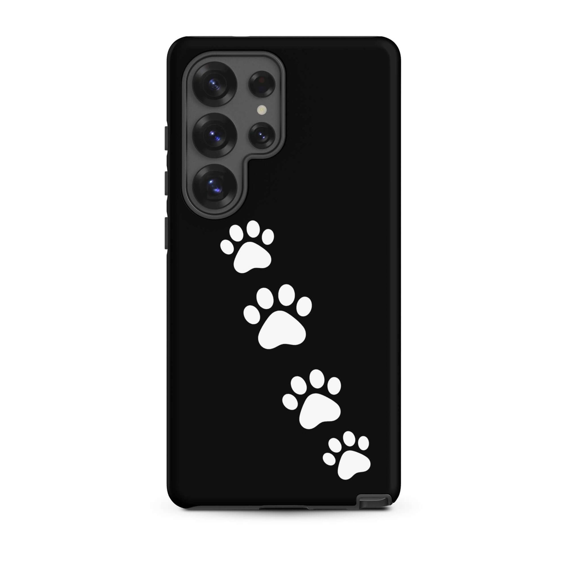 Phone case for Samsung Galaxy with paw-print trail design on black background for pet lovers.