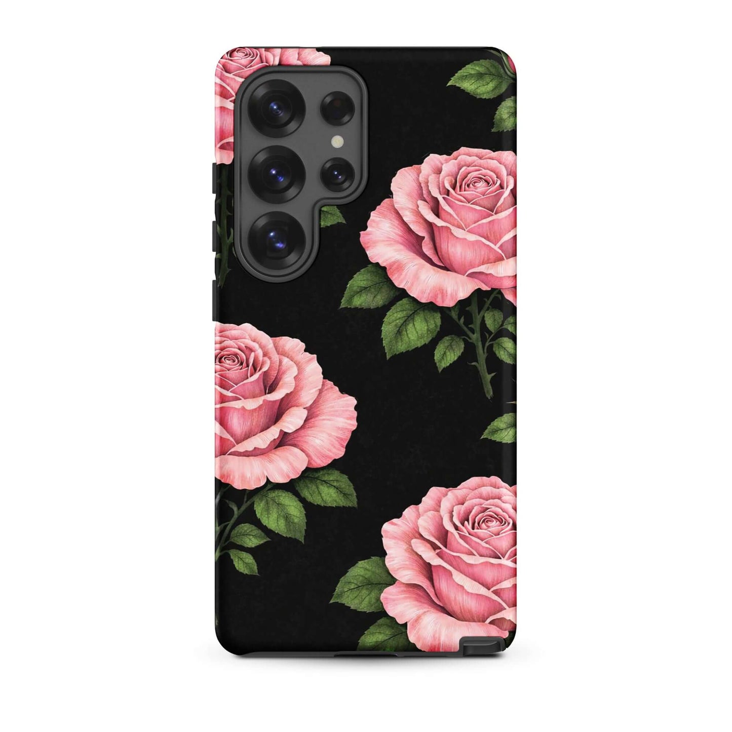 Phone Case for Samsung Galaxy with pink rose garden design on black background