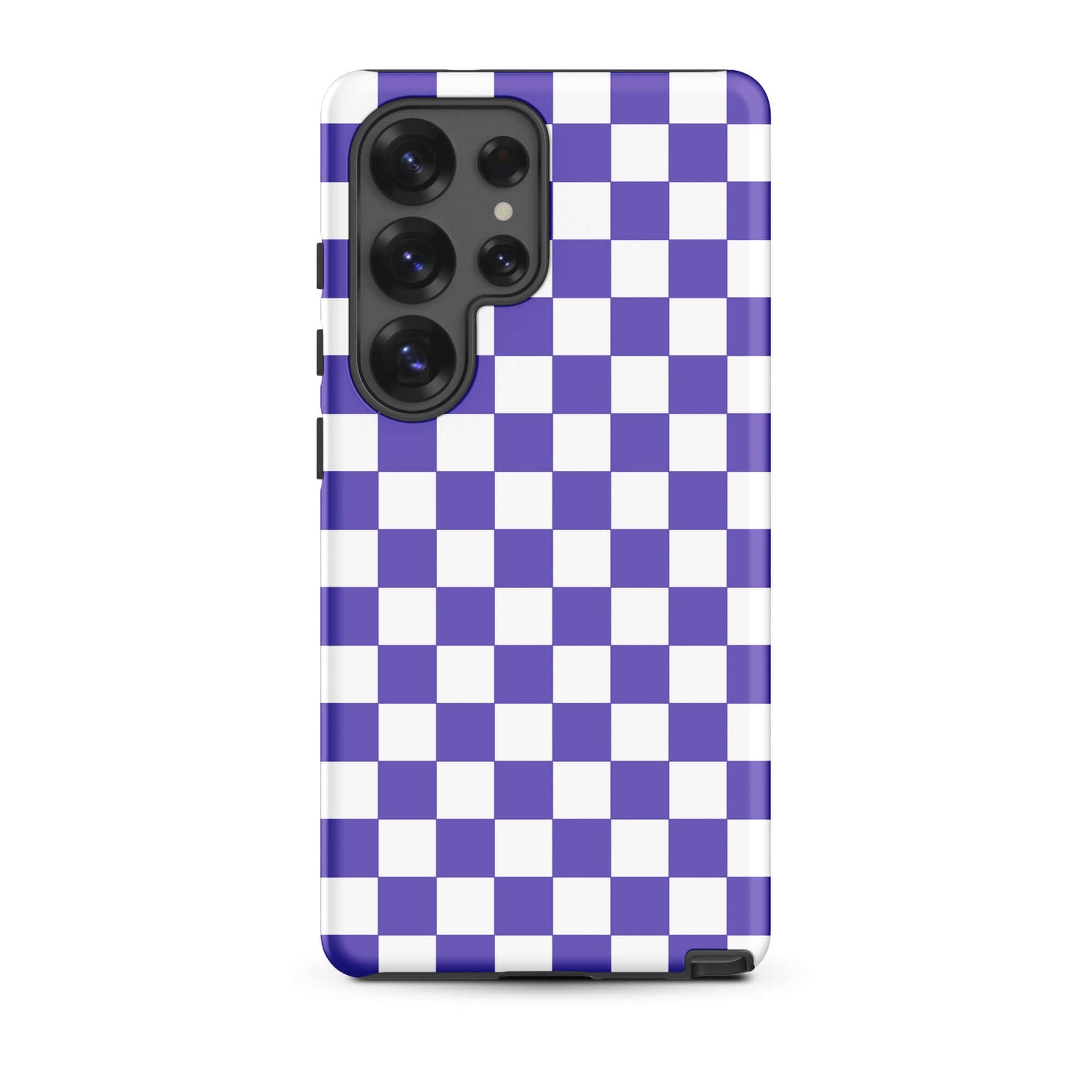 Phone Case for Samsung Galaxy with purple and white checkered pattern, combining style and fun for a bold and playful look.