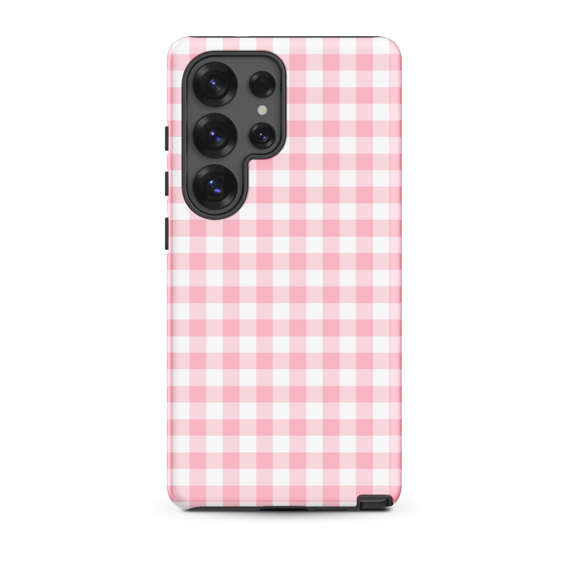 Phone Case for Samsung Galaxy with pink and white gingham pattern, combines style with protection.