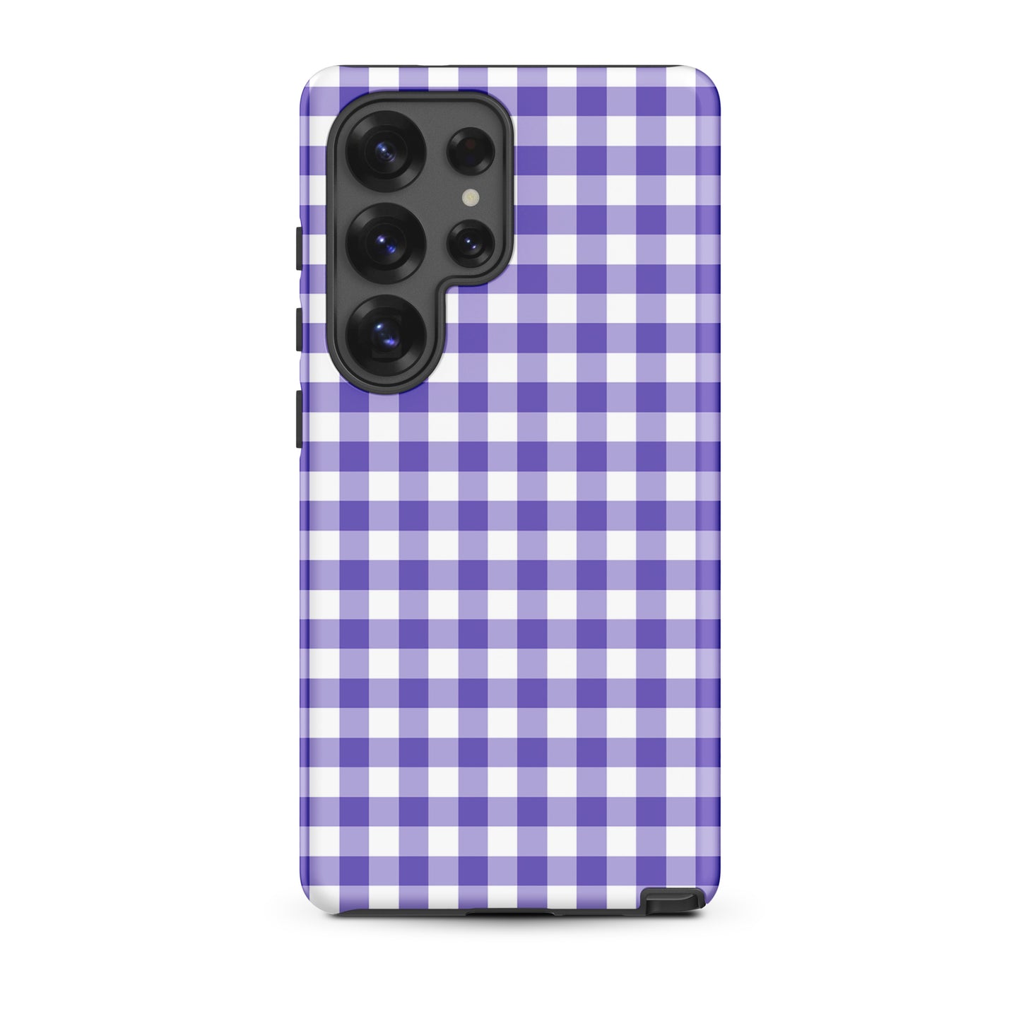 Phone case with purple-and-white gingham pattern for Samsung Galaxy, offering style and protection.