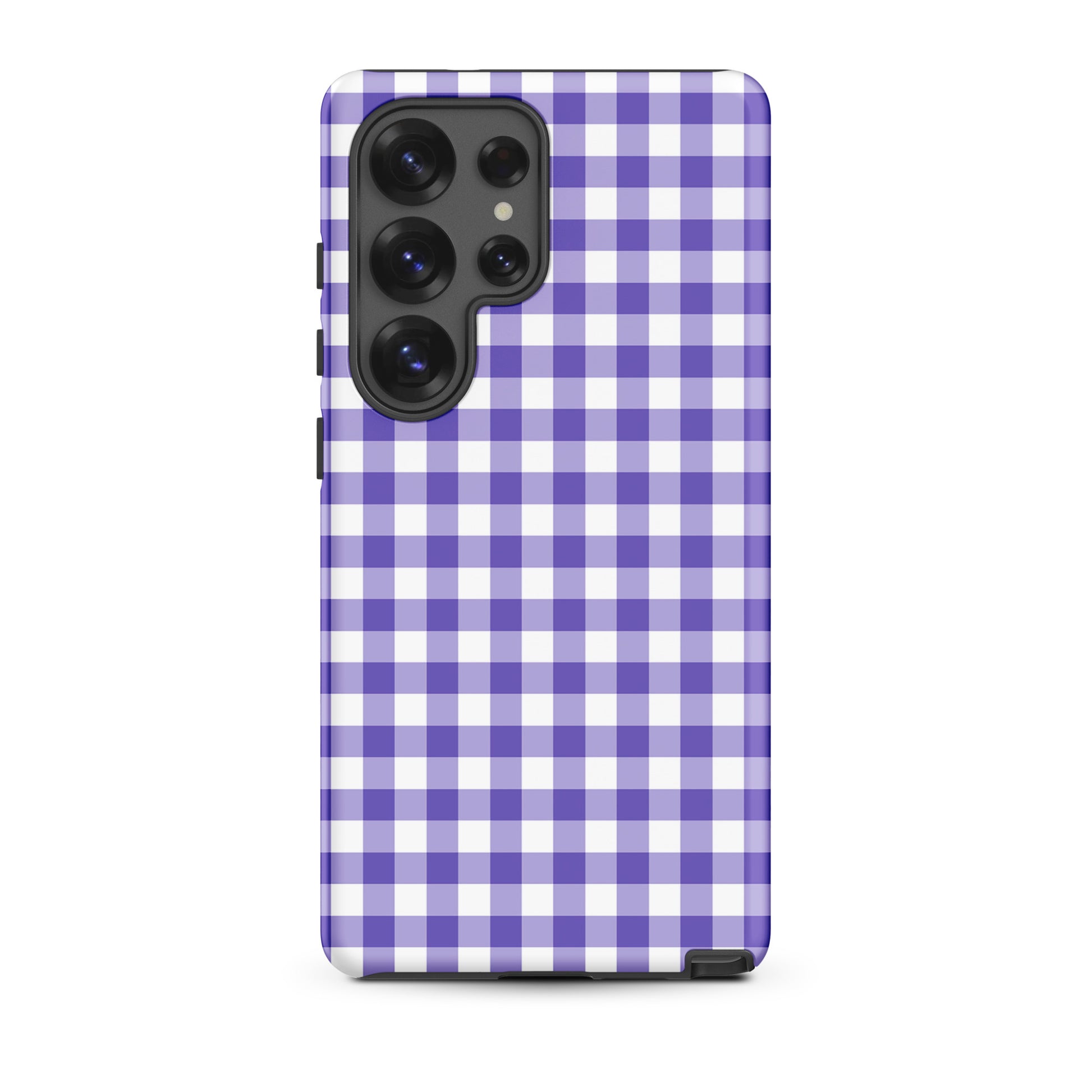 Phone case with purple-and-white gingham pattern for Samsung Galaxy, offering style and protection.