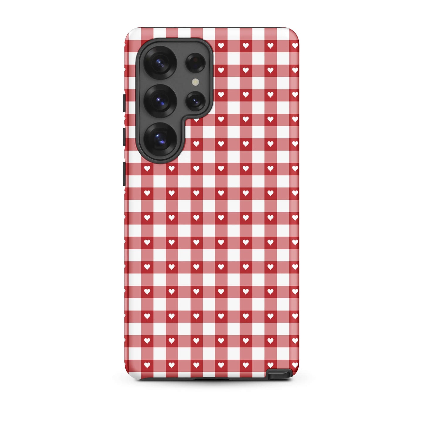 Phone Case for Samsung Galaxy with red gingham pattern and white hearts, combining style and protection.